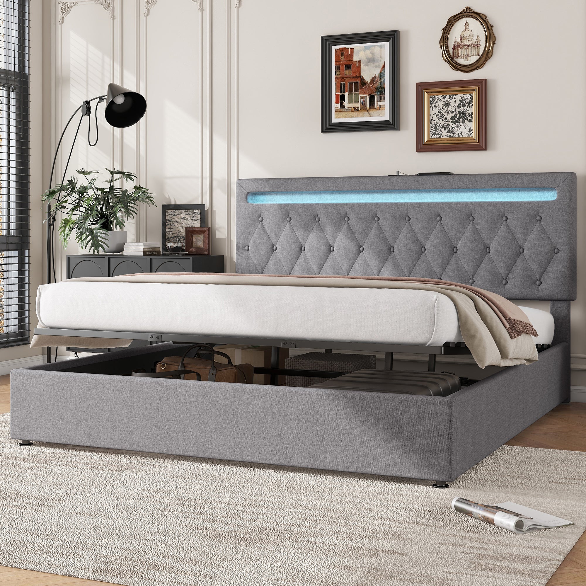 Upholstered Bed 180x200cm Hydraulic Lift Ambient Light USB - Grey - Image 2