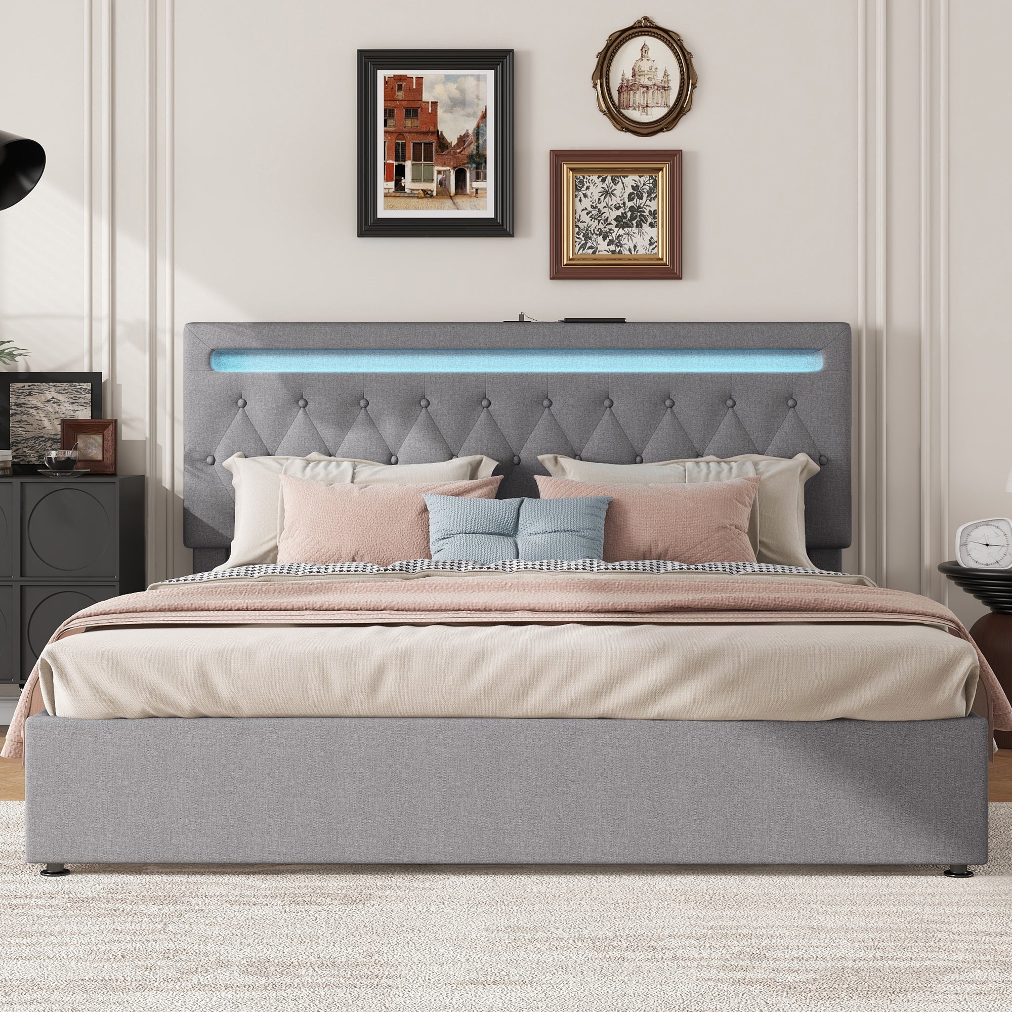 Upholstered Bed 180x200cm Hydraulic Lift Ambient Light USB - Grey - Image 3
