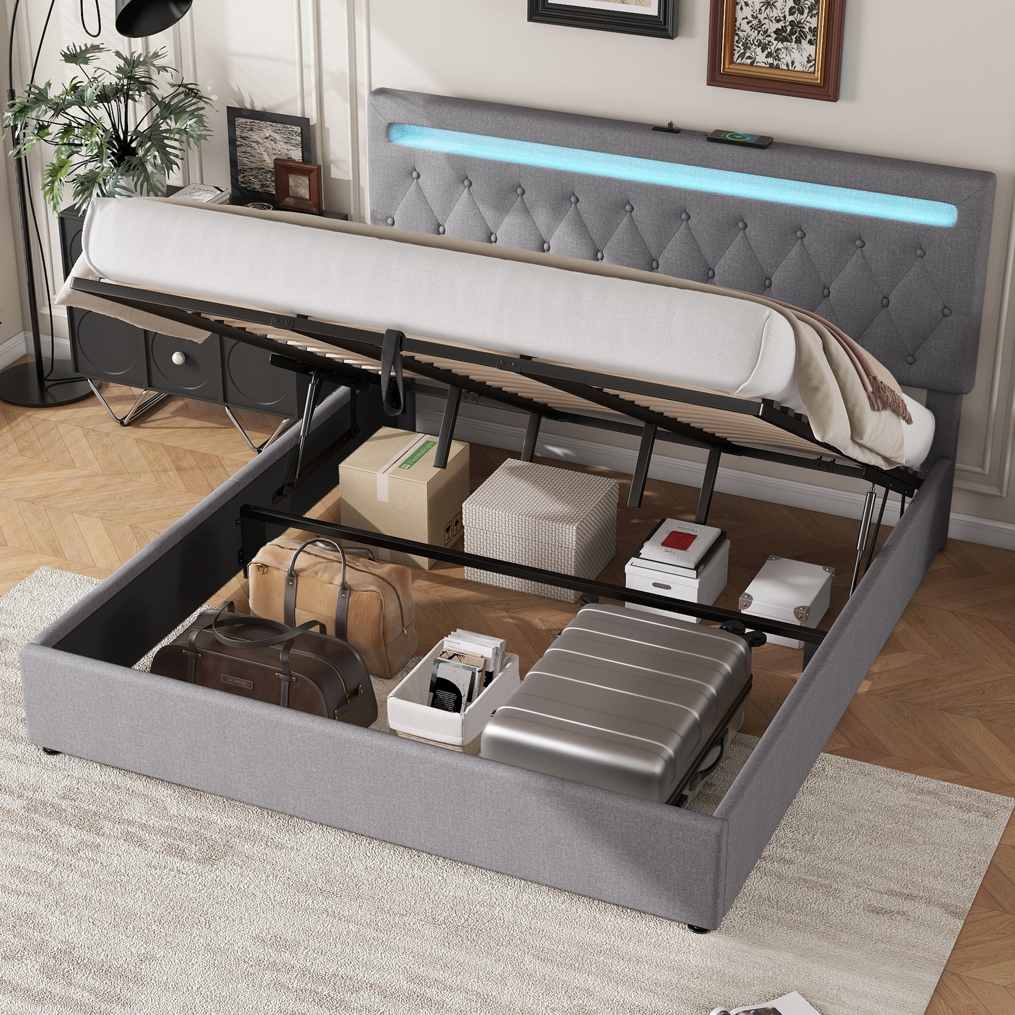 Upholstered Bed 180x200cm Hydraulic Lift Ambient Light USB - Grey - Image 4