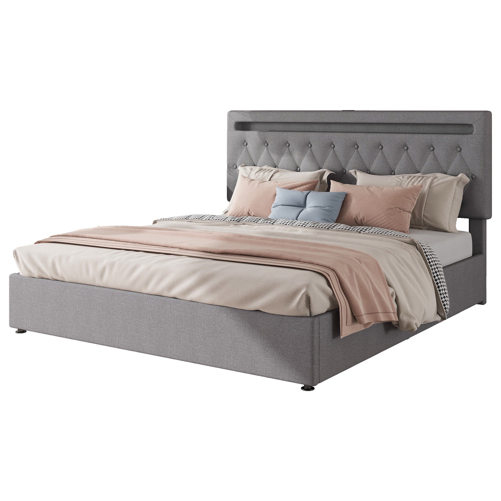 Upholstered Bed 180x200cm Hydraulic Lift Ambient Light USB - Grey - Image 6