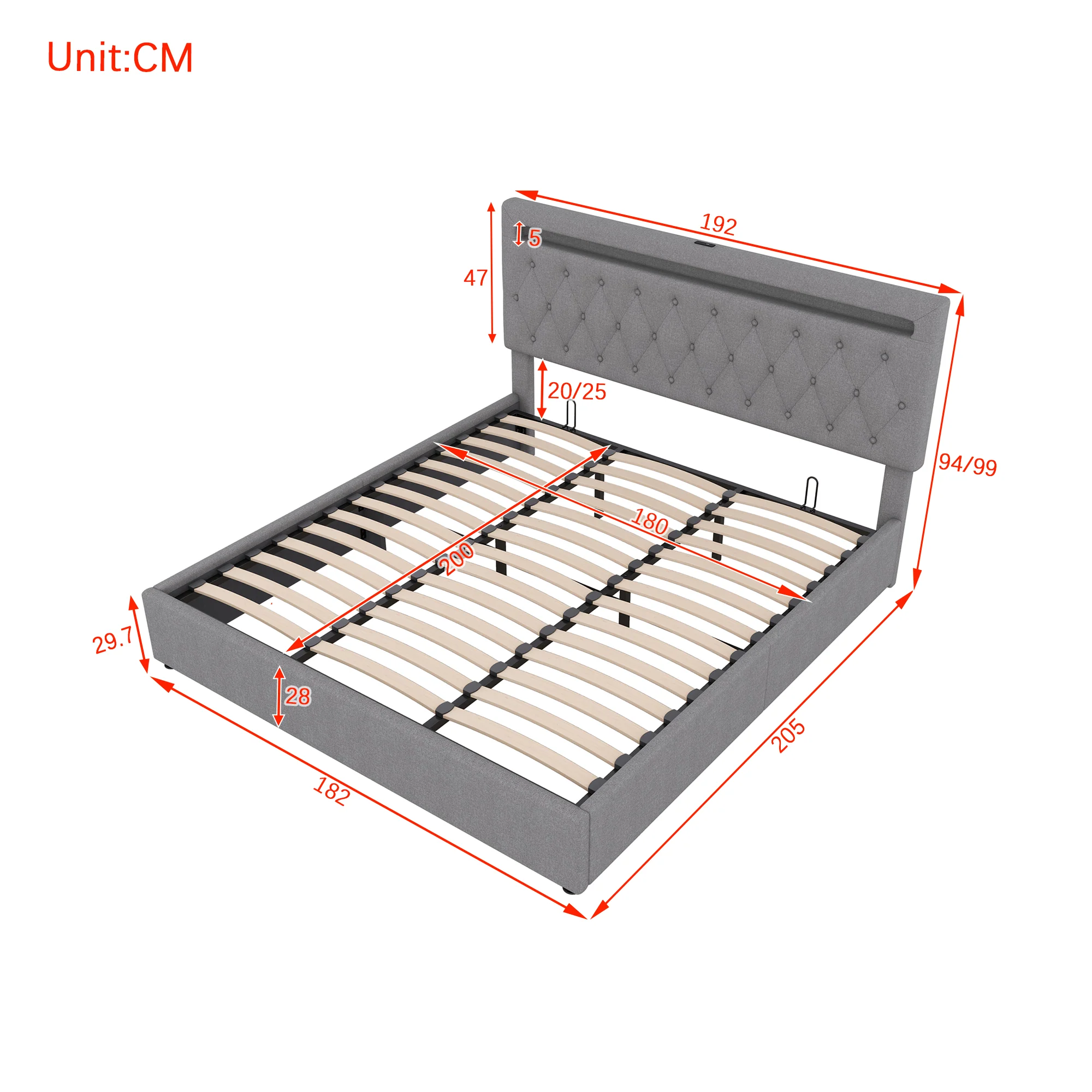 Upholstered Bed 180x200cm Hydraulic Lift Ambient Light USB - Grey - Image 8