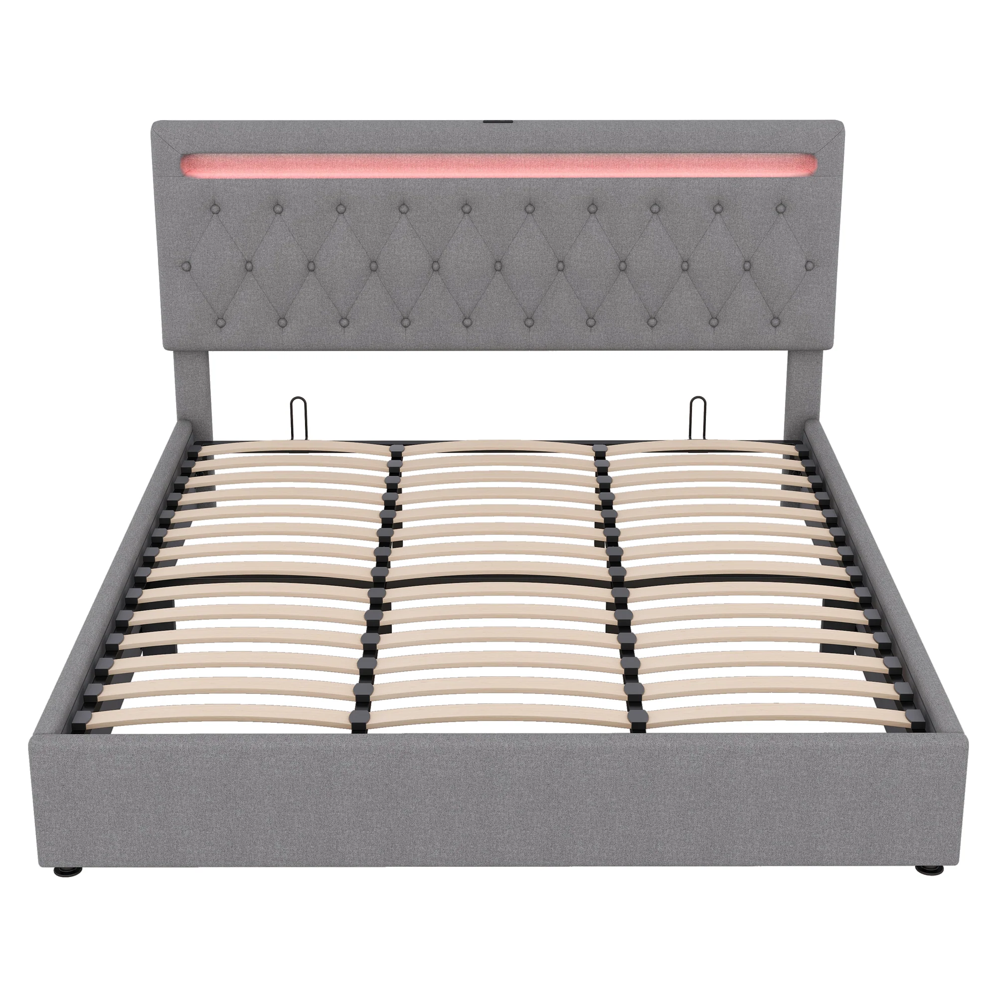 Upholstered Bed 180x200cm Hydraulic Lift Ambient Light USB - Grey - Image 9