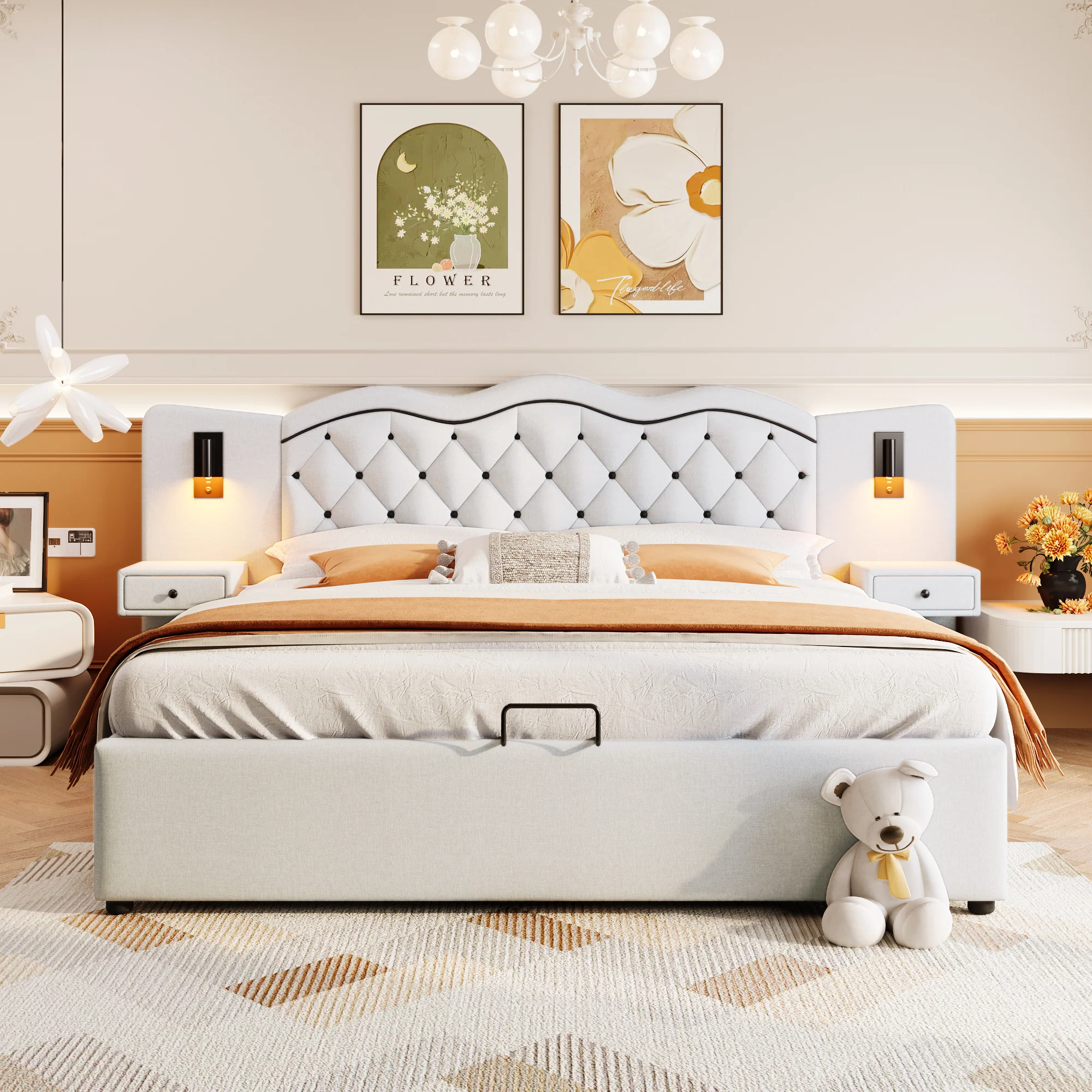 Upholstered Bed 180x200cm Hydraulic Lift Storage Headboard USB Lamps - Beige - Image 4
