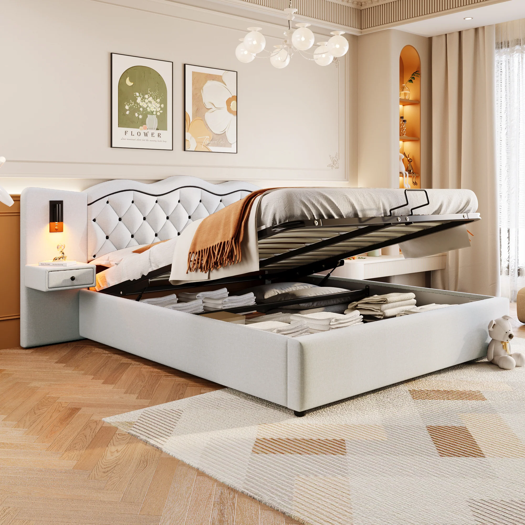 Upholstered Bed 180x200cm Hydraulic Lift Storage Headboard USB Lamps - Beige - Image 5