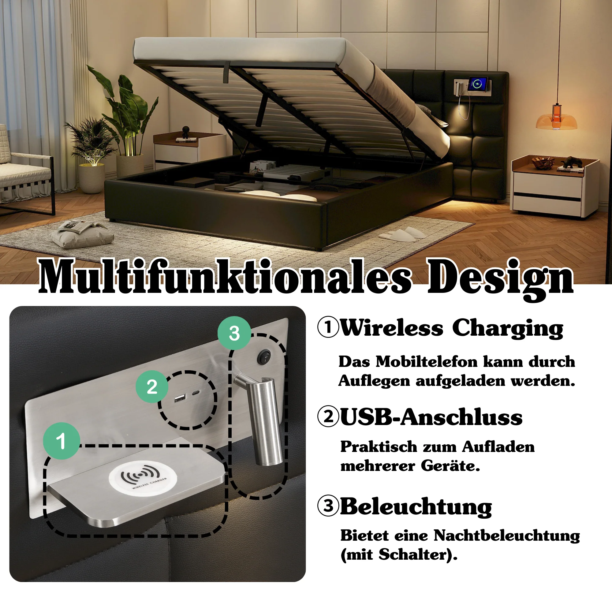 Upholstered Bed 180x200cm Hydraulic Storage USB/Wireless Charging LED Lamp - PU Black - Image 6
