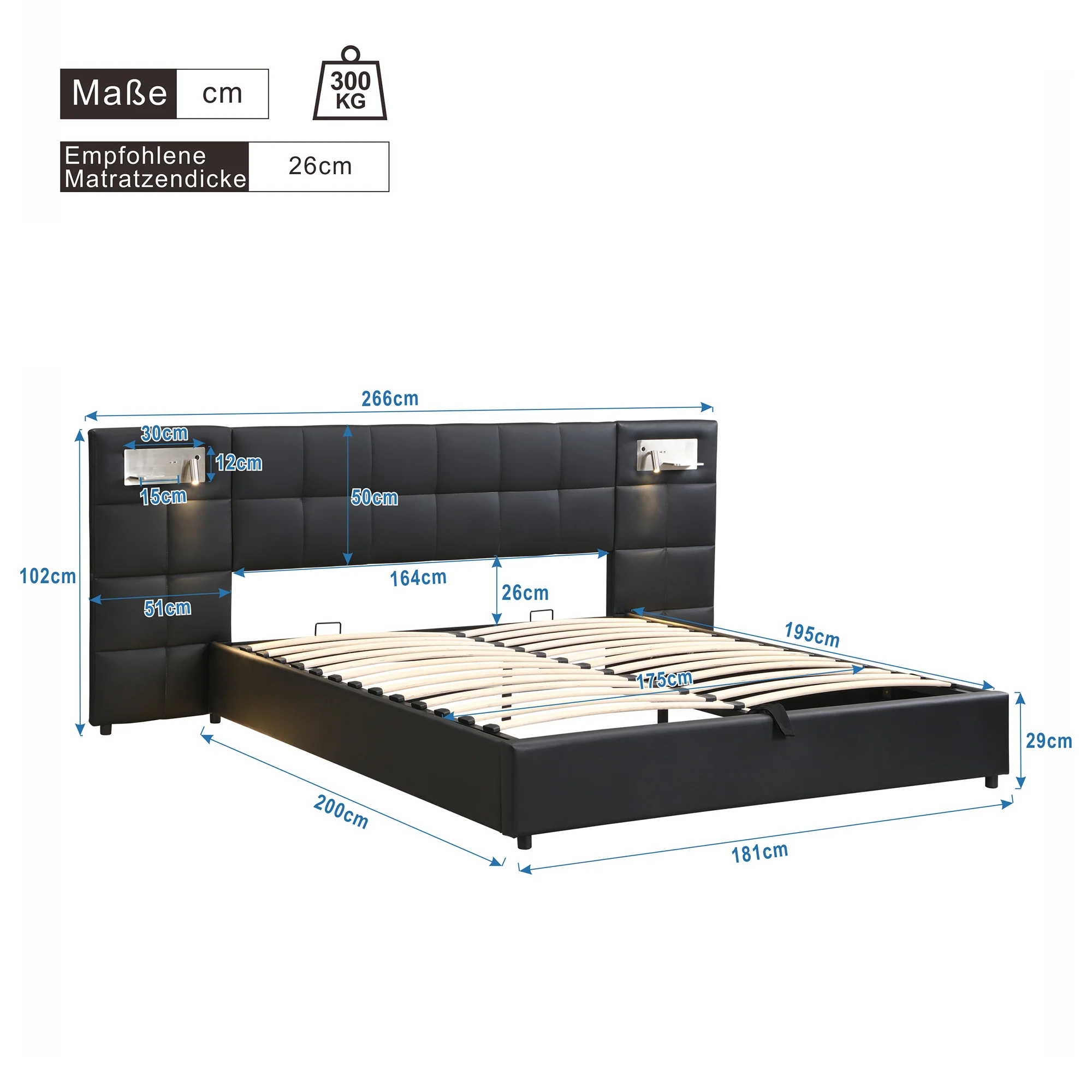Upholstered Bed 180x200cm Hydraulic Storage USB/Wireless Charging LED Lamp - PU Black - Image 9