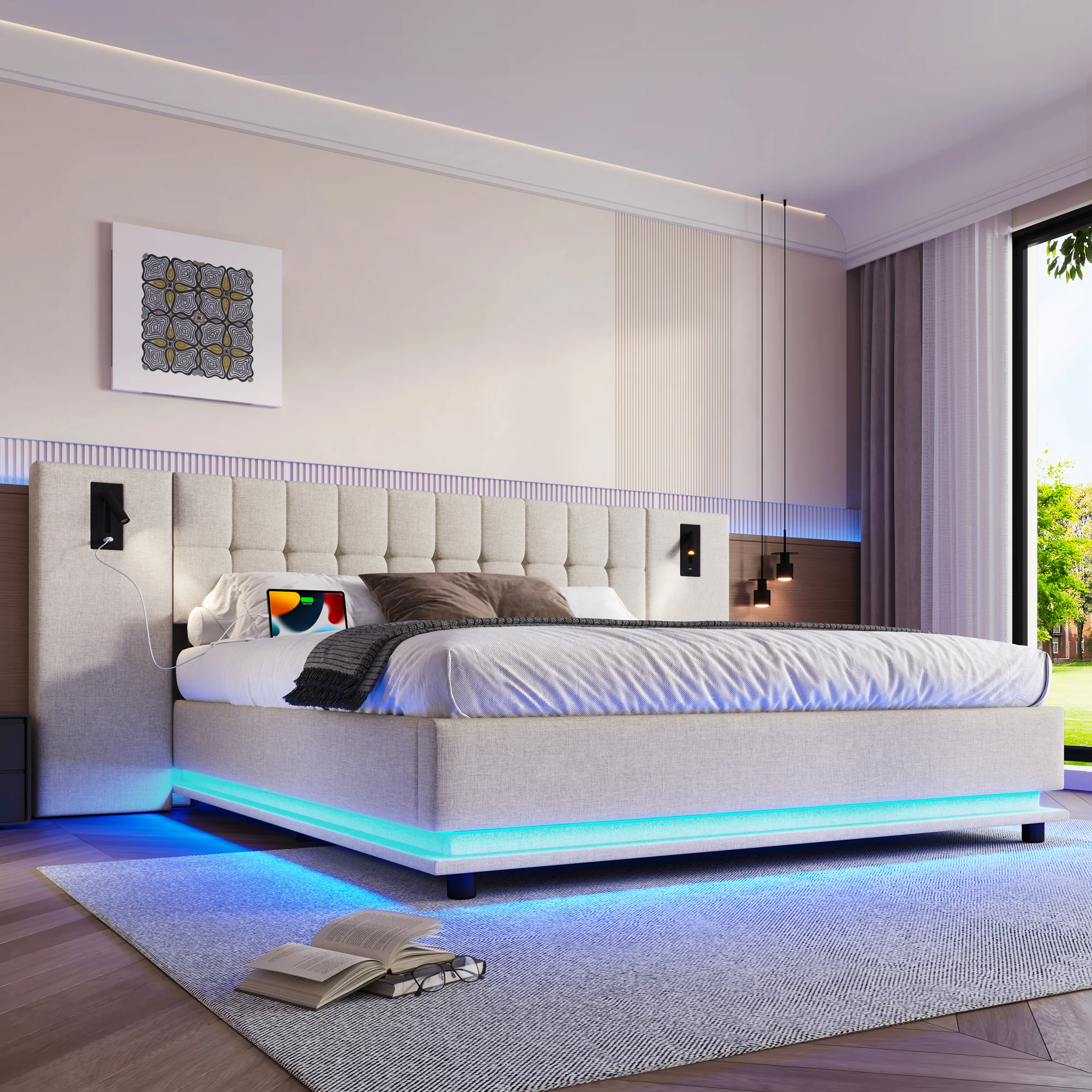 Upholstered Bed 180x200cm LED Headboard Spotlight USB - Linen Beige - Image 3
