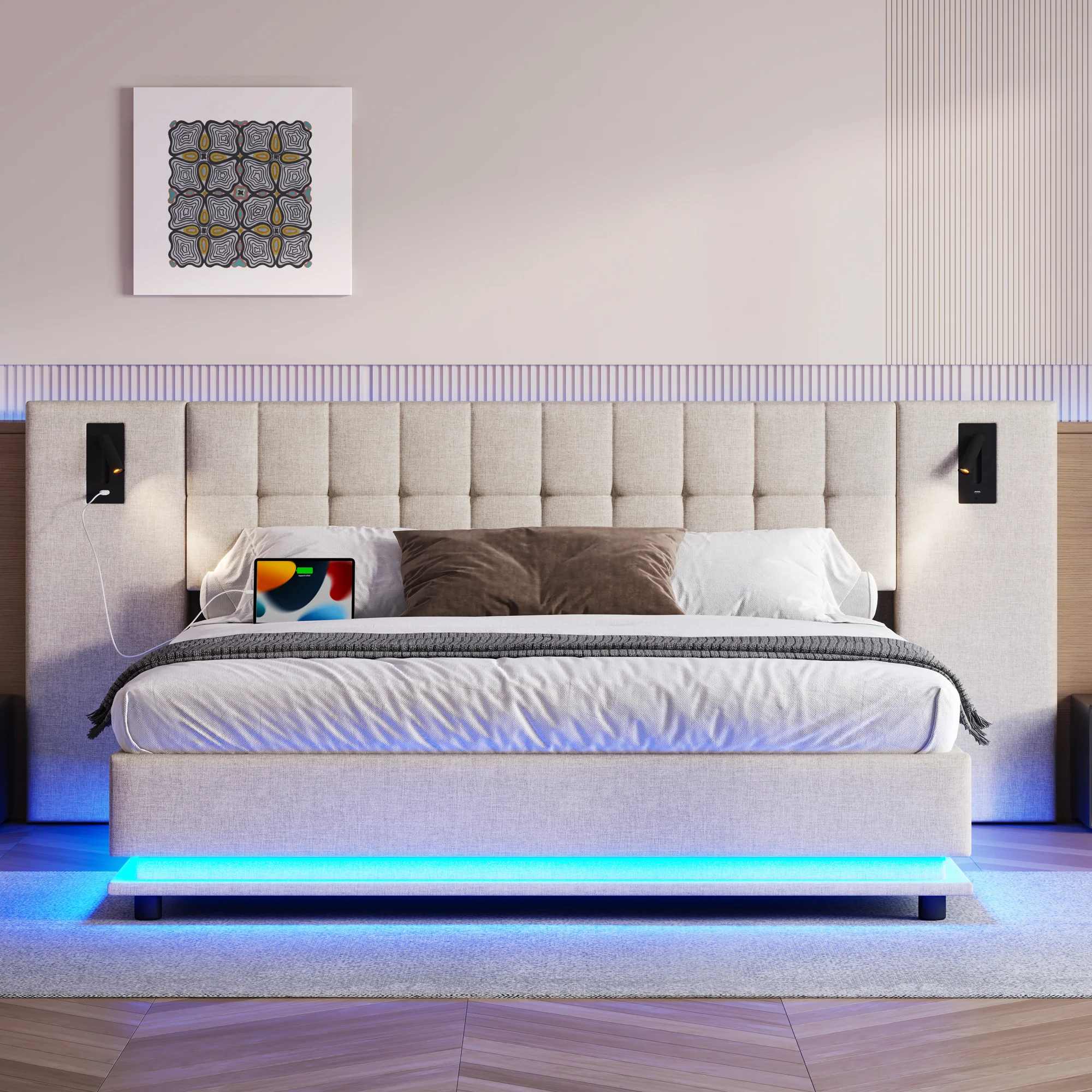 Upholstered Bed 180x200cm LED Headboard Spotlight USB - Linen Beige - Image 4