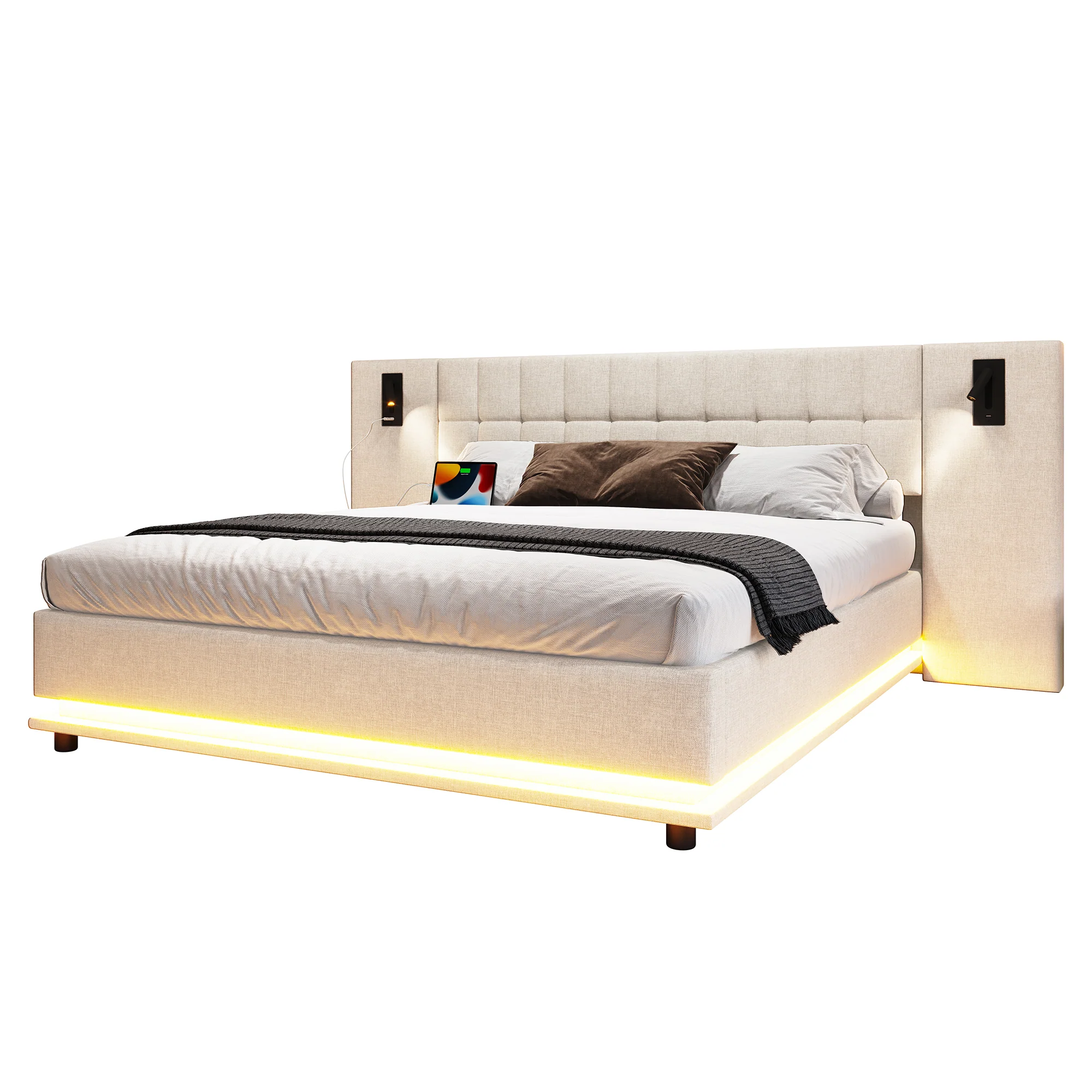 Upholstered Bed 180x200cm LED Headboard Spotlight USB - Linen Beige - Image 5