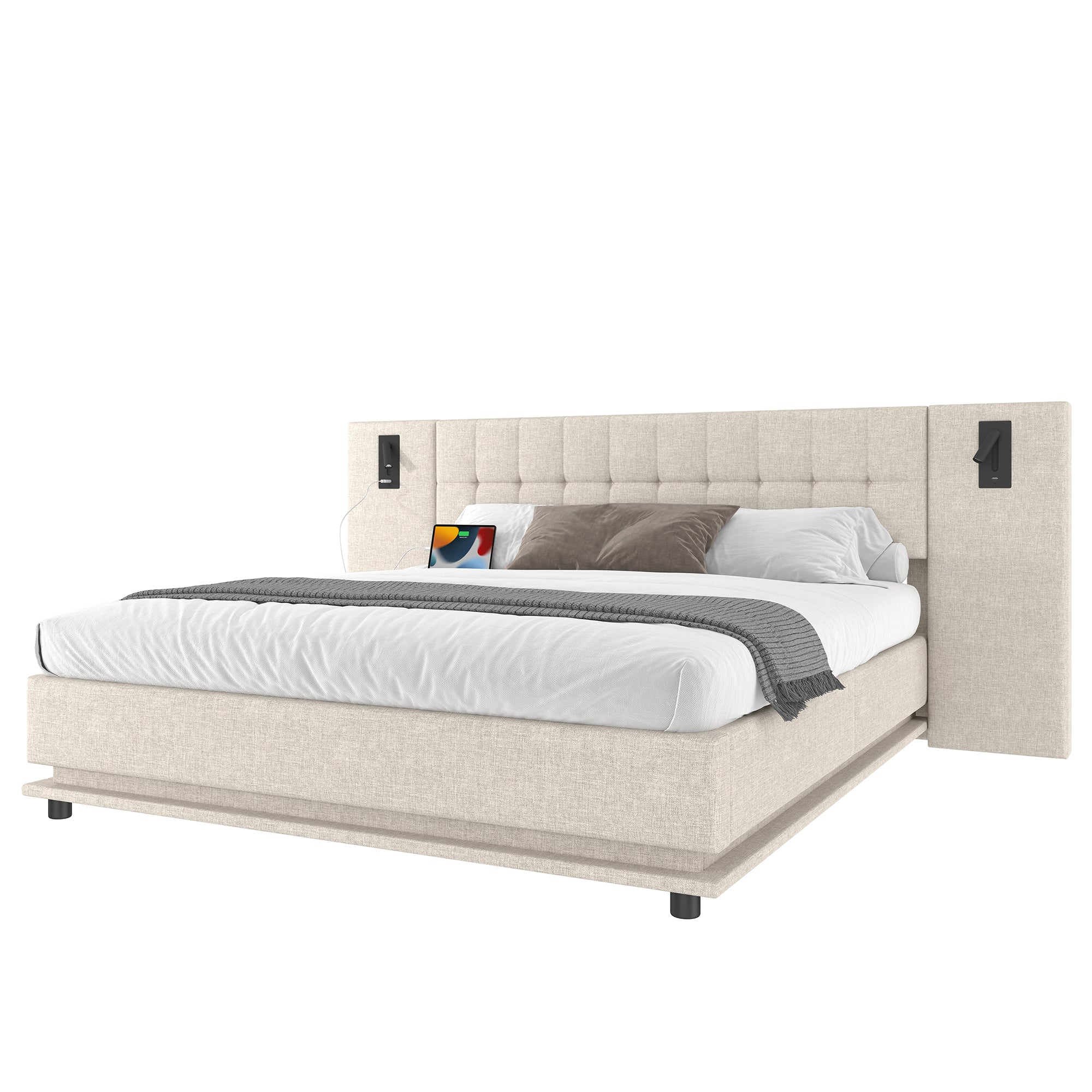 Upholstered Bed 180x200cm LED Headboard Spotlight USB - Linen Beige - Image 6