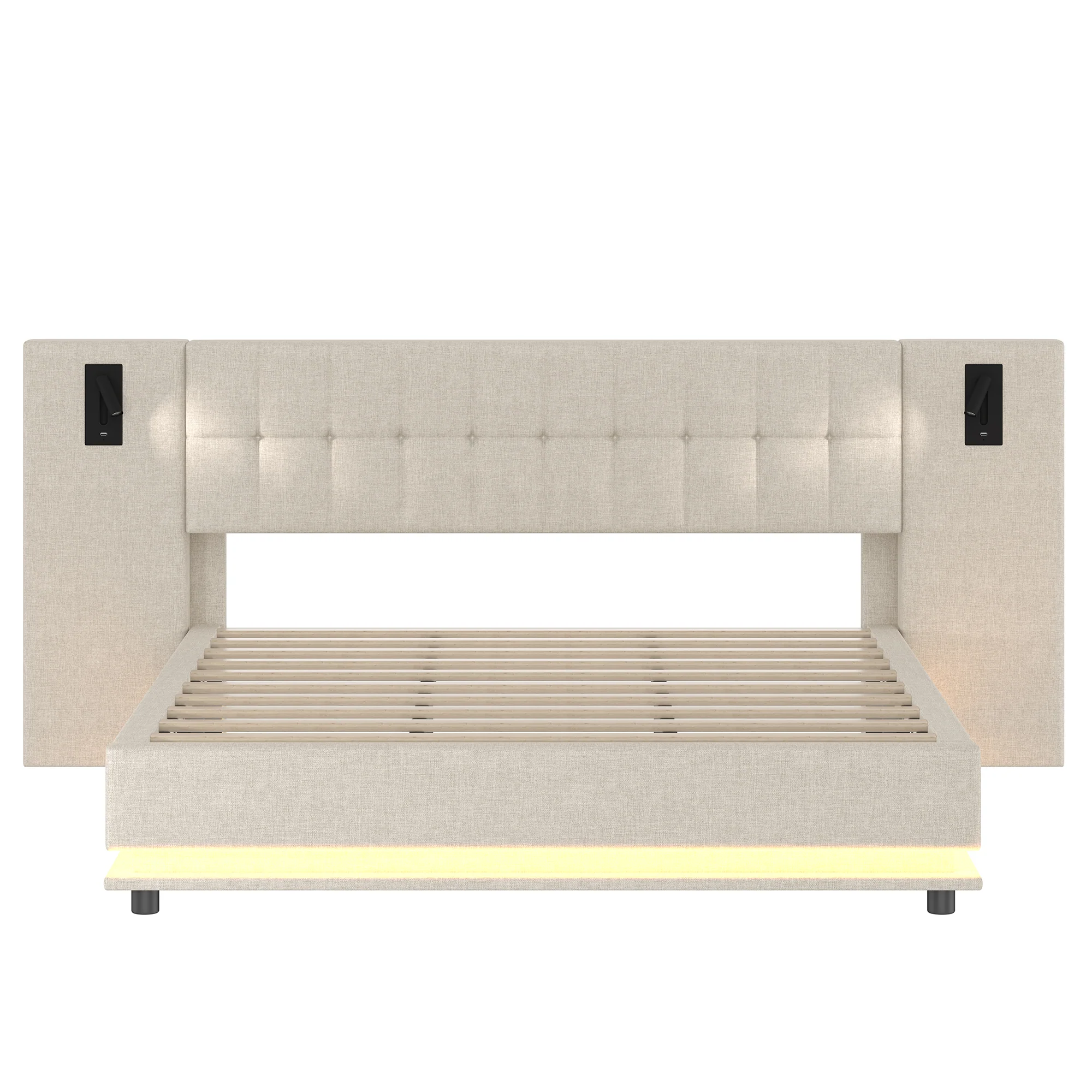 Upholstered Bed 180x200cm LED Headboard Spotlight USB - Linen Beige - Image 8