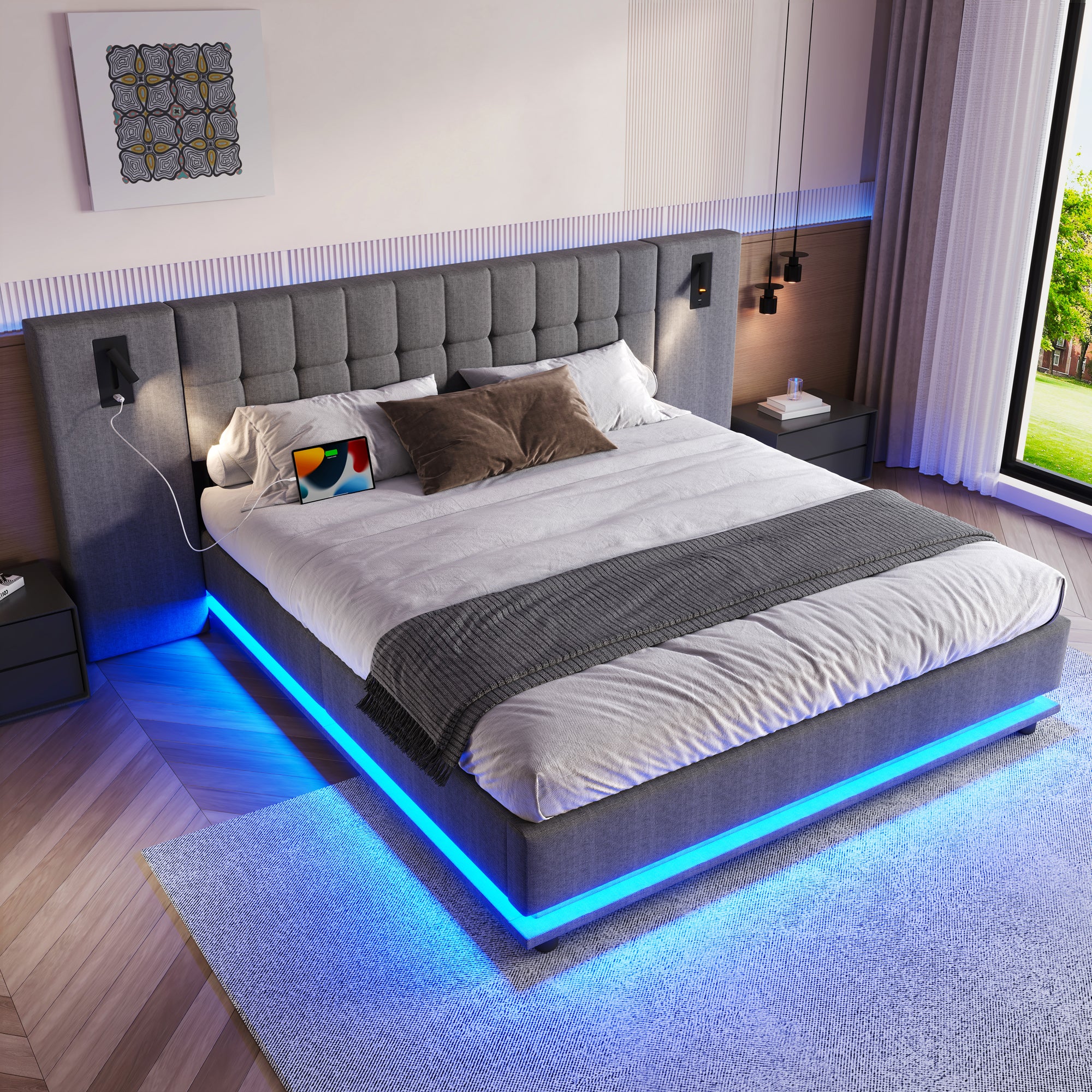 Upholstered Bed 180x200cm LED Spotlight USB Port - Linen Grey - Image 2