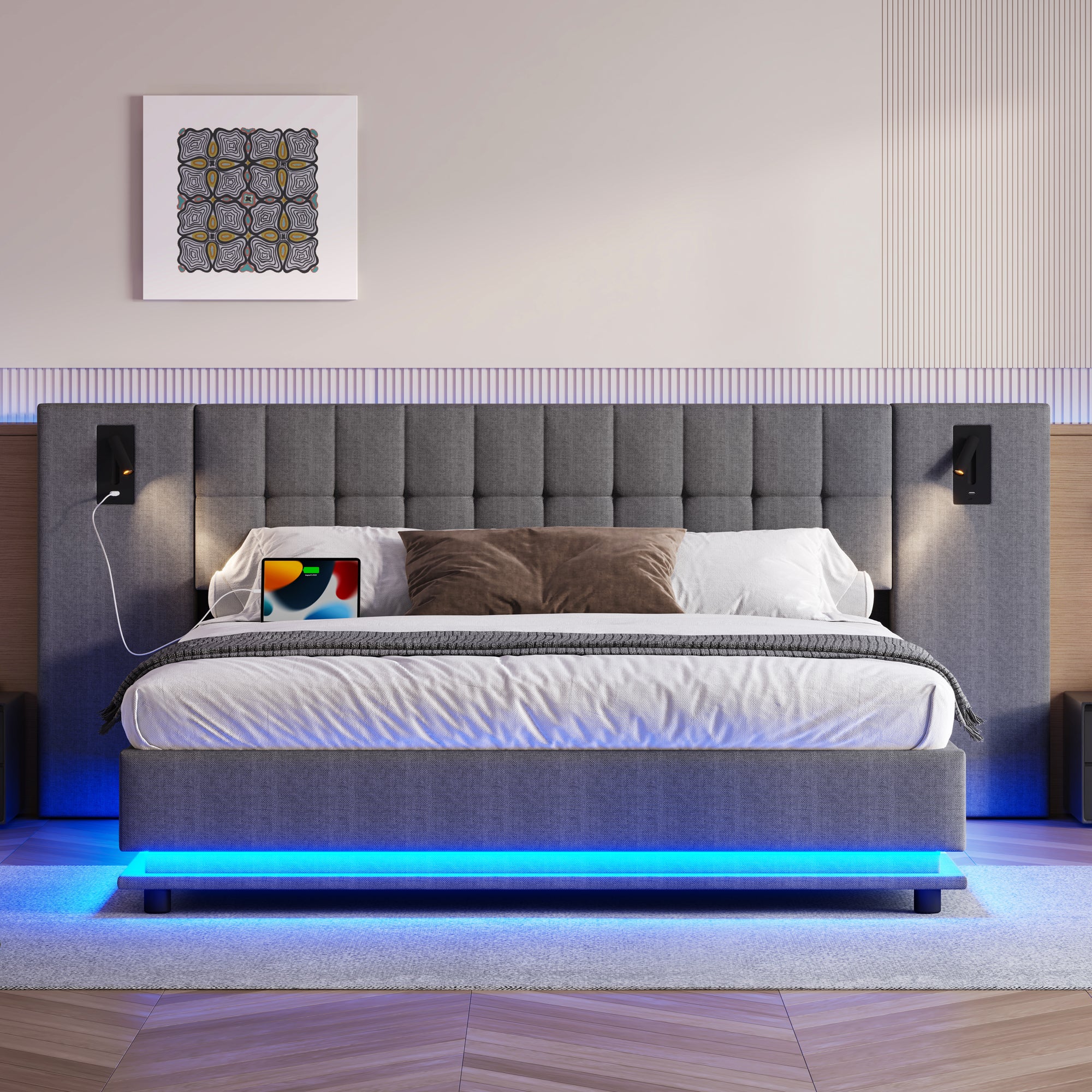 Upholstered Bed 180x200cm LED Spotlight USB Port - Linen Grey - Image 3