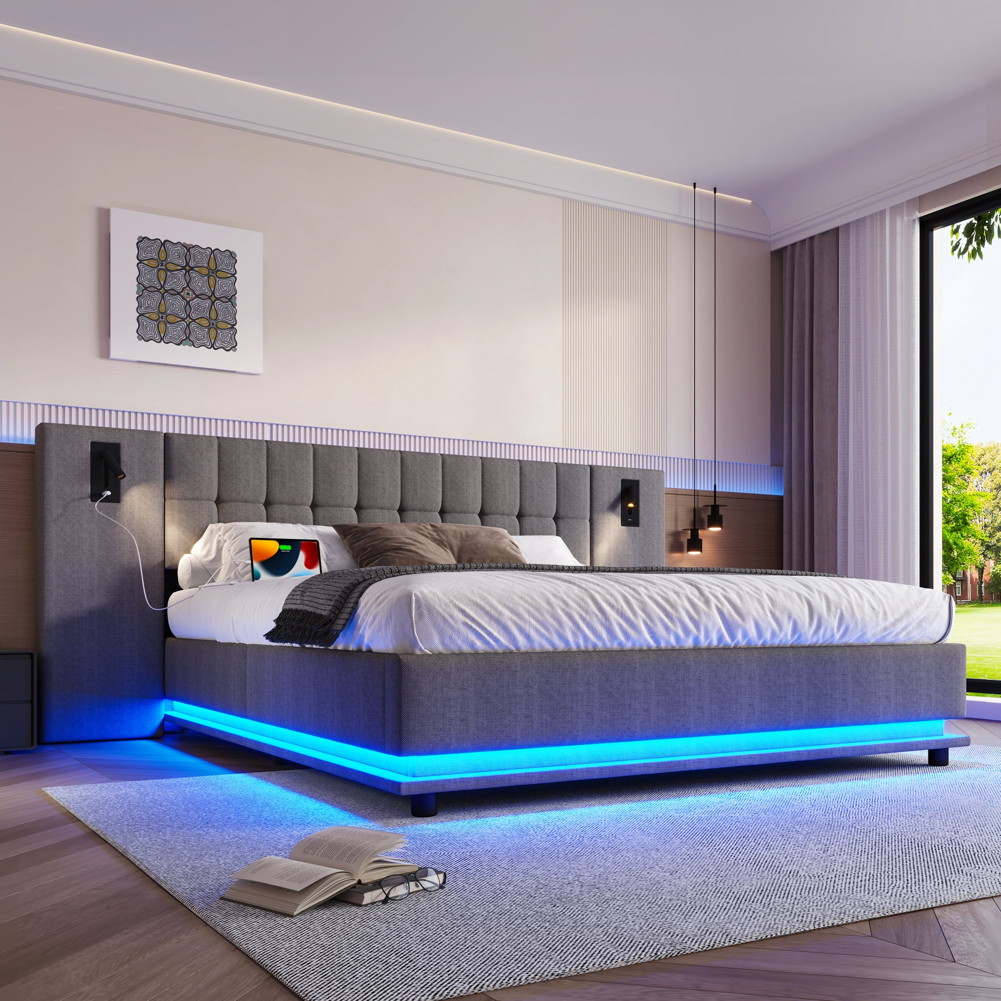 Upholstered Bed 180x200cm LED Spotlight USB Port - Linen Grey - Image 4