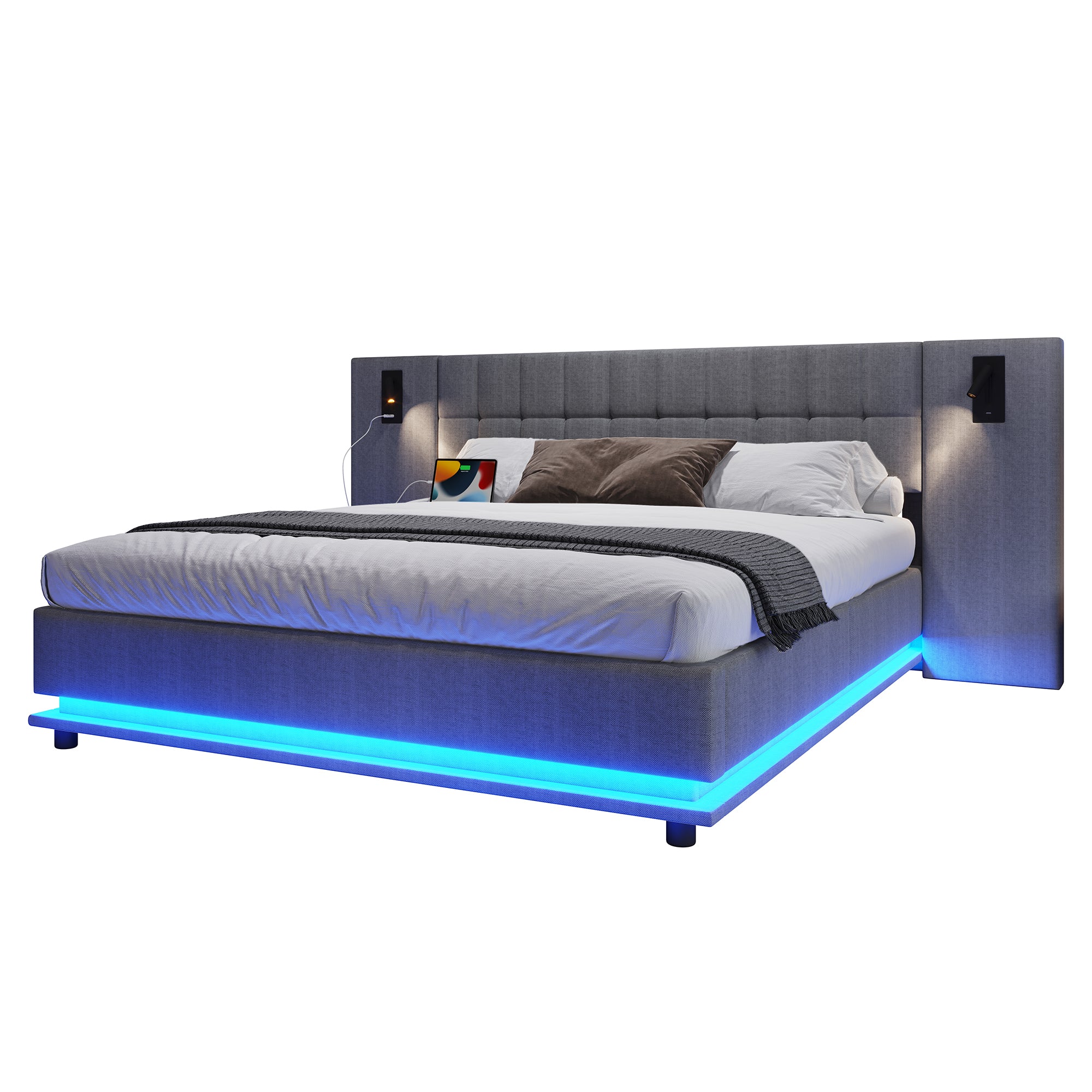 Upholstered Bed 180x200cm LED Spotlight USB Port - Linen Grey - Image 5