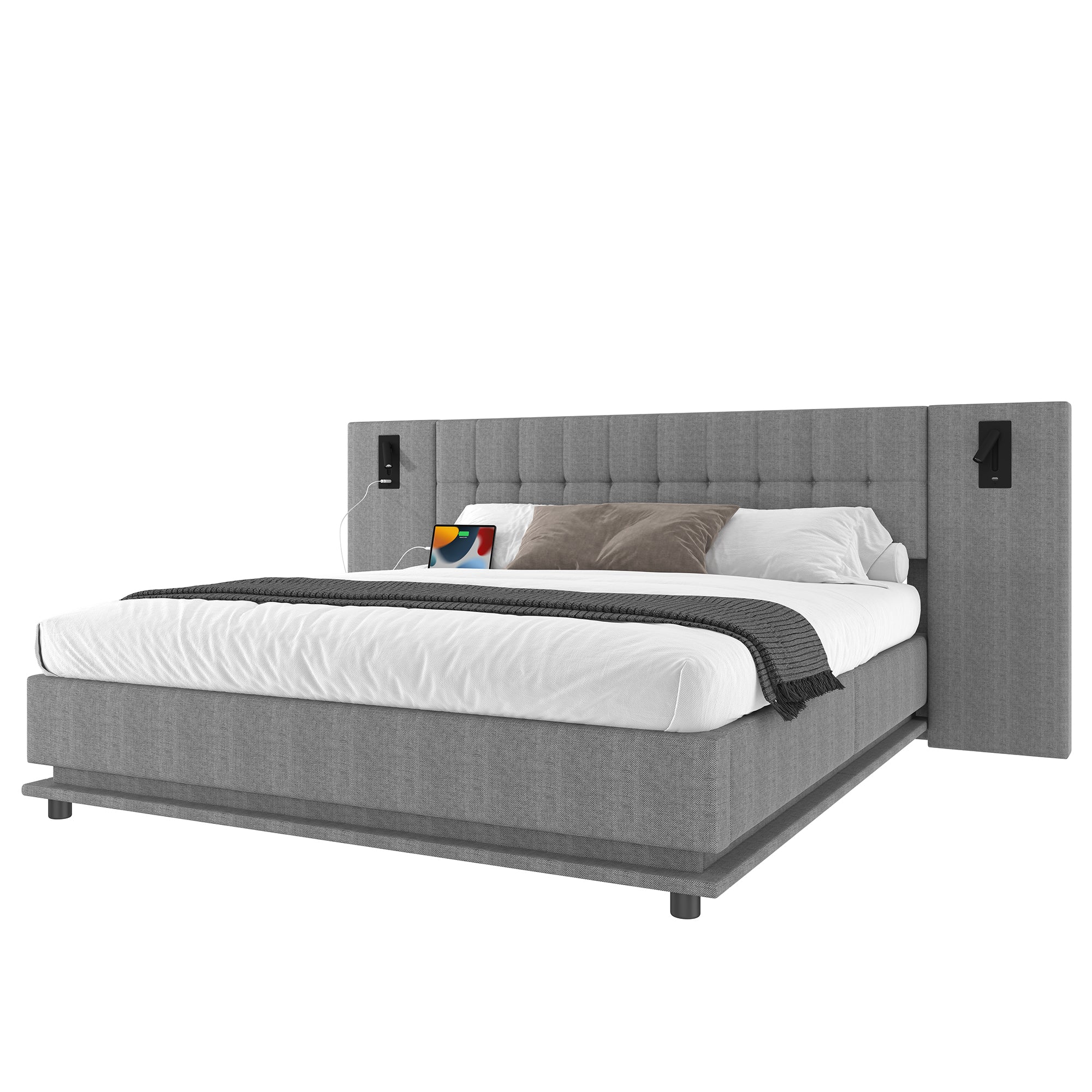 Upholstered Bed 180x200cm LED Spotlight USB Port - Linen Grey - Image 6