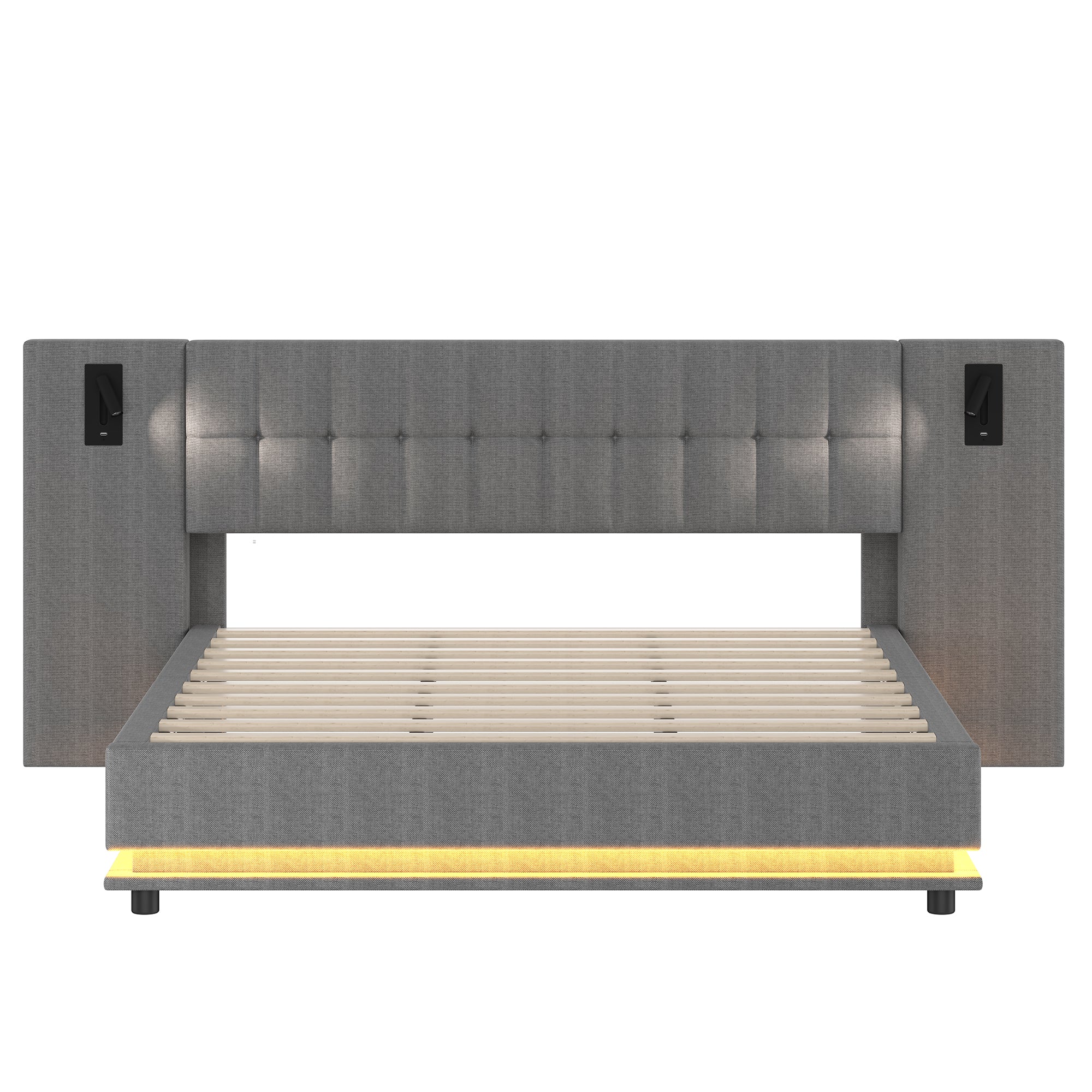Upholstered Bed 180x200cm LED Spotlight USB Port - Linen Grey - Image 7