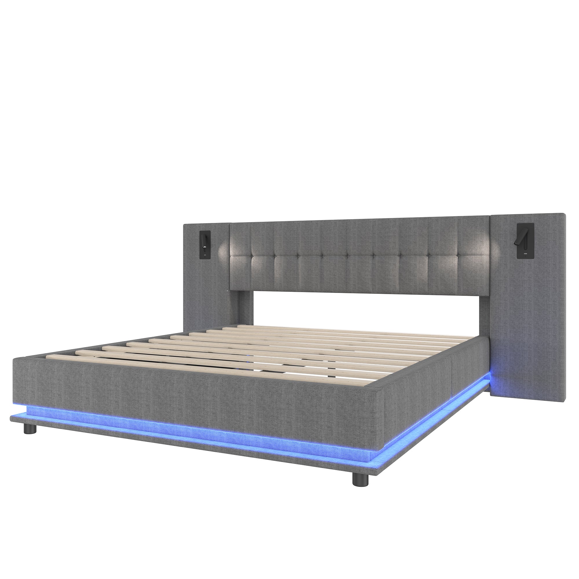 Upholstered Bed 180x200cm LED Spotlight USB Port - Linen Grey - Image 9