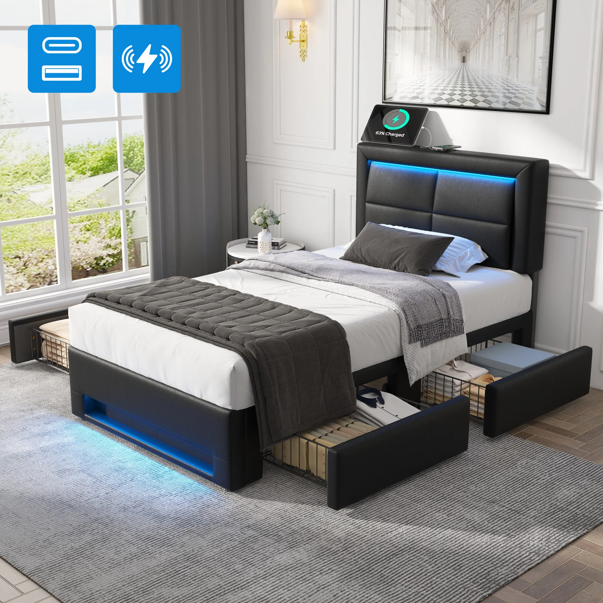 Upholstered Bed 90x190cm USB Charging LED Lighting 4 Drawers - PU Lychee Black