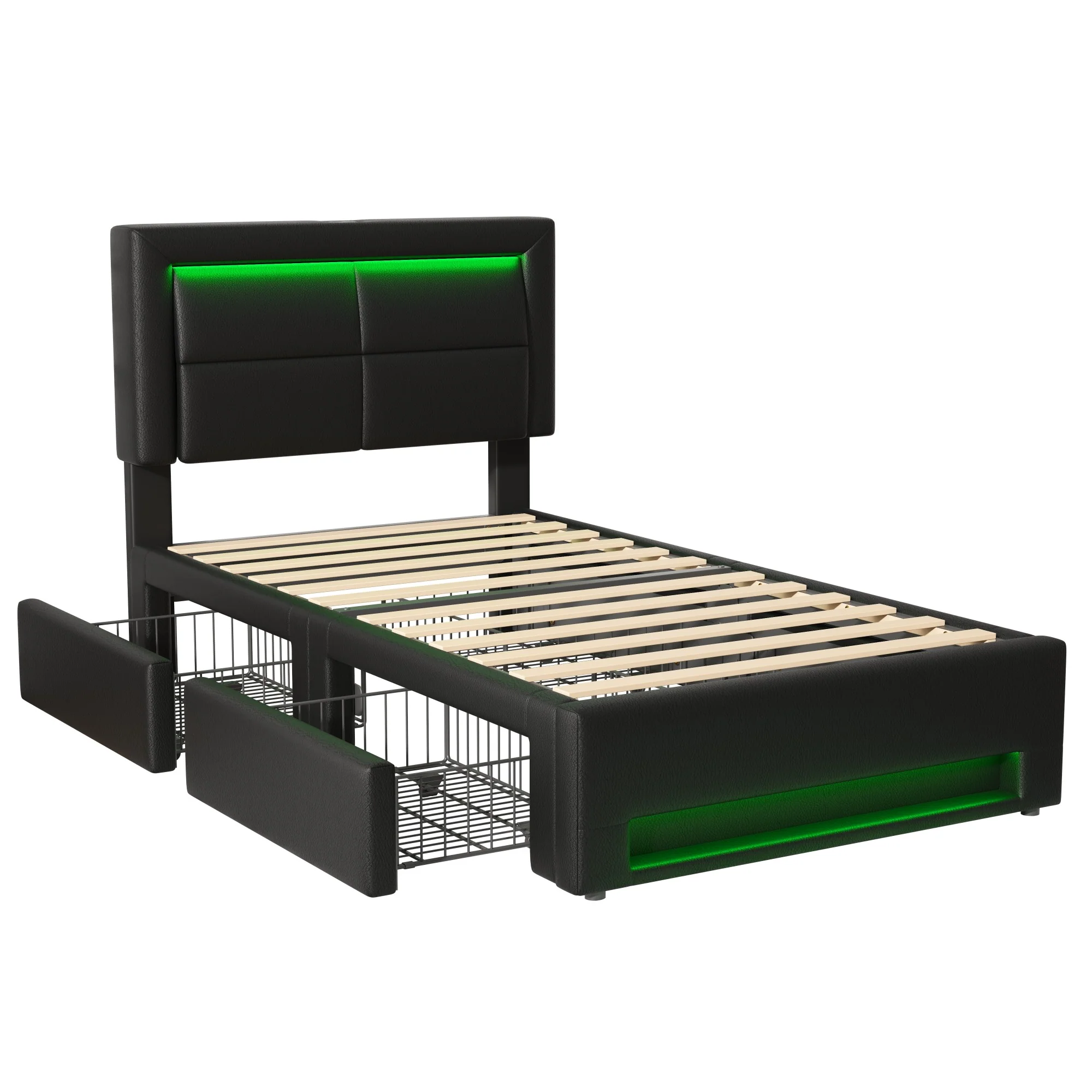 Upholstered Bed 90x190cm USB Charging LED Lighting 4 Drawers - PU Lychee Black - Image 10