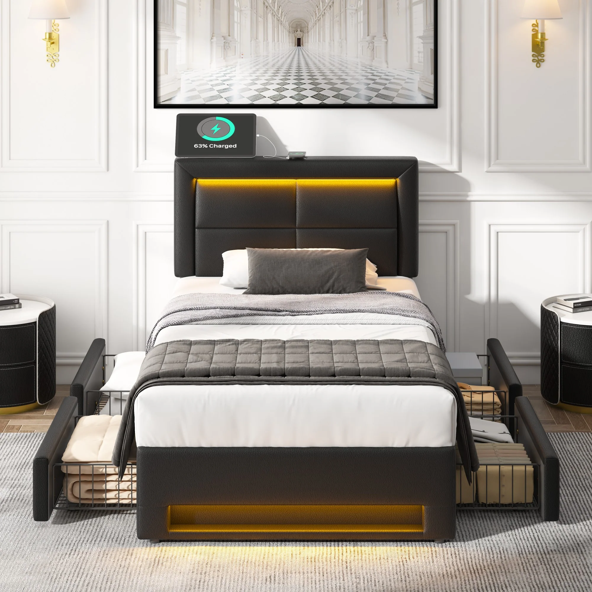 Upholstered Bed 90x190cm USB Charging LED Lighting 4 Drawers - PU Lychee Black - Image 2