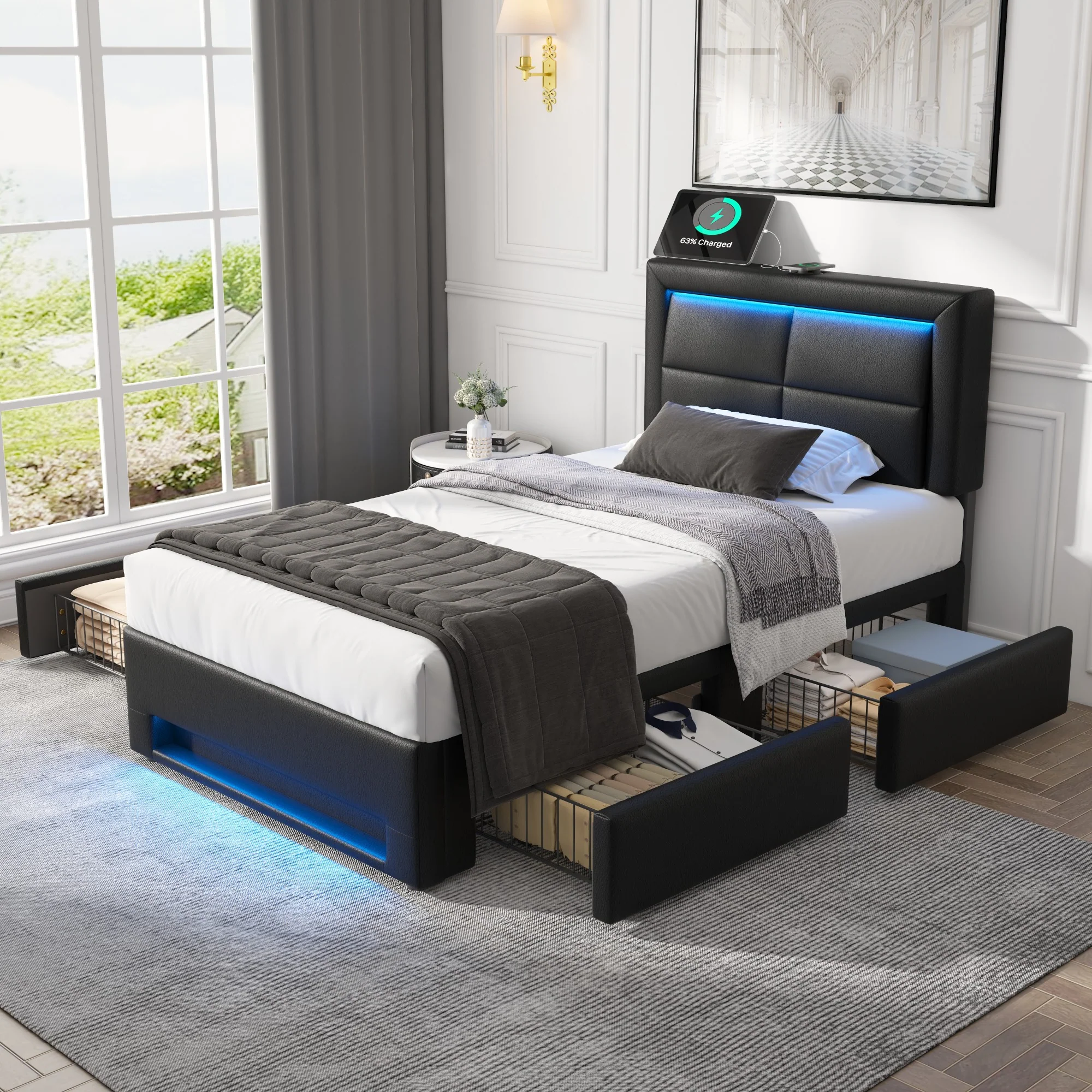 Upholstered Bed 90x190cm USB Charging LED Lighting 4 Drawers - PU Lychee Black - Image 3