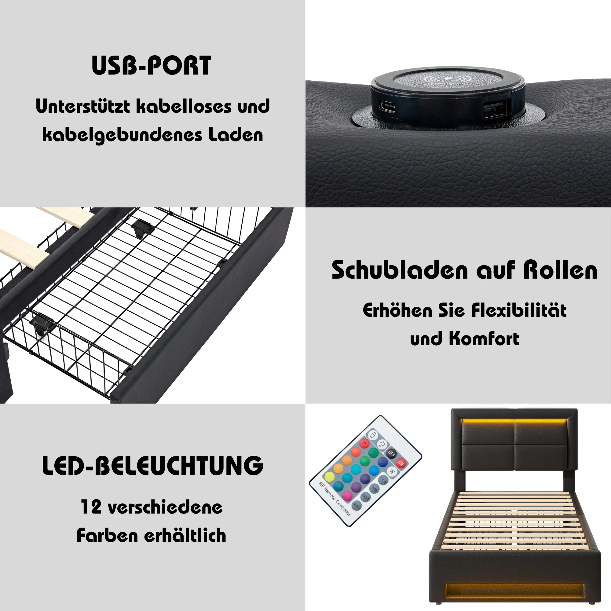 Upholstered Bed 90x190cm USB Charging LED Lighting 4 Drawers - PU Lychee Black - Image 6
