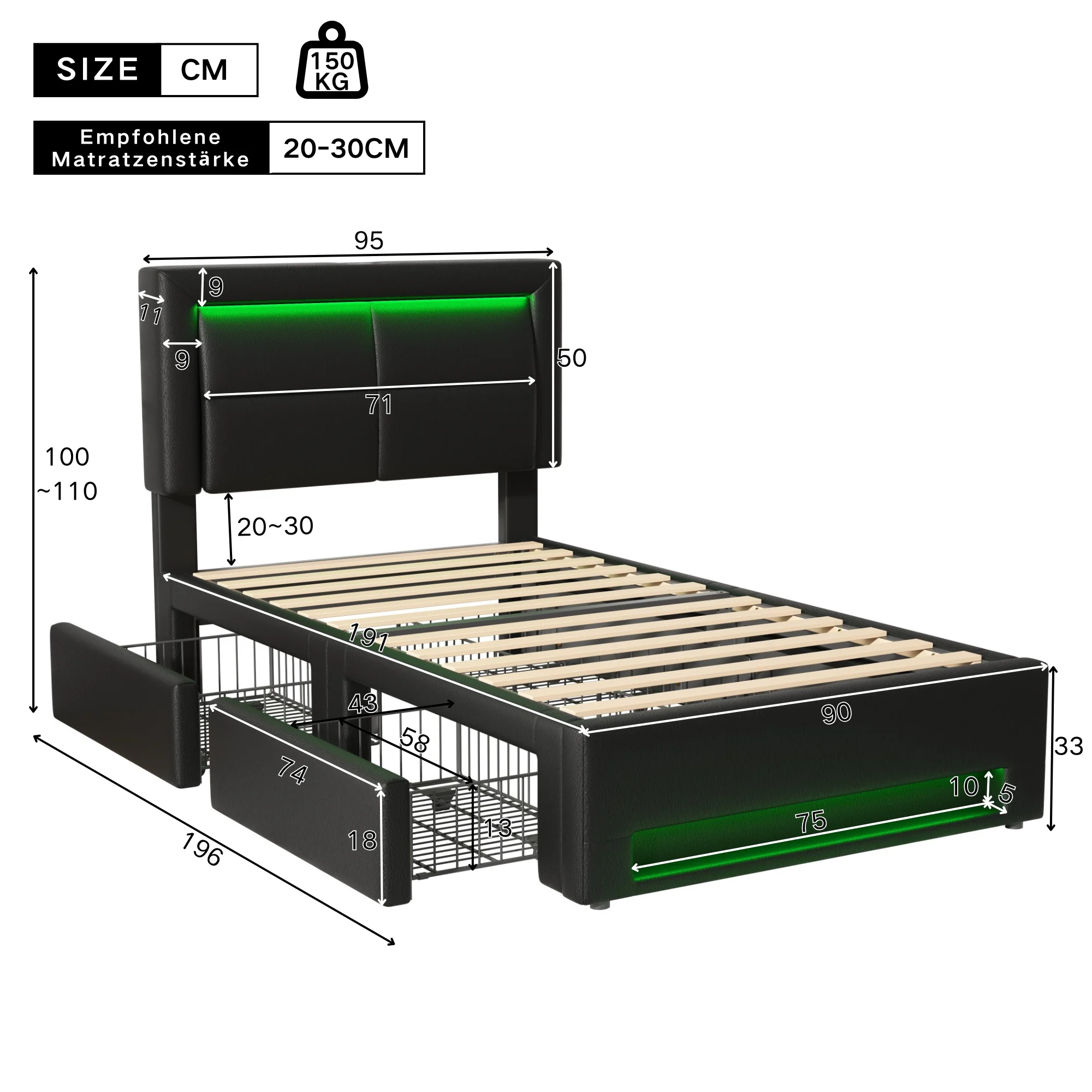 Upholstered Bed 90x190cm USB Charging LED Lighting 4 Drawers - PU Lychee Black - Image 8