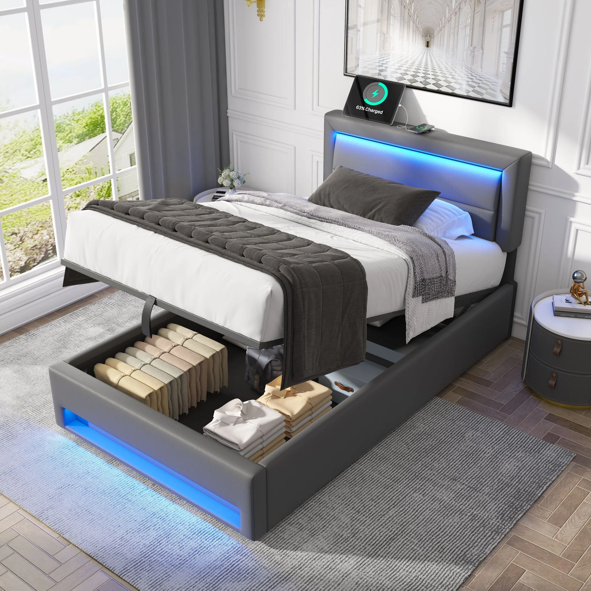 Upholstered Bed 90x190cm USB Charging LED Lighting Storage PU Lychee Grey - Image 4