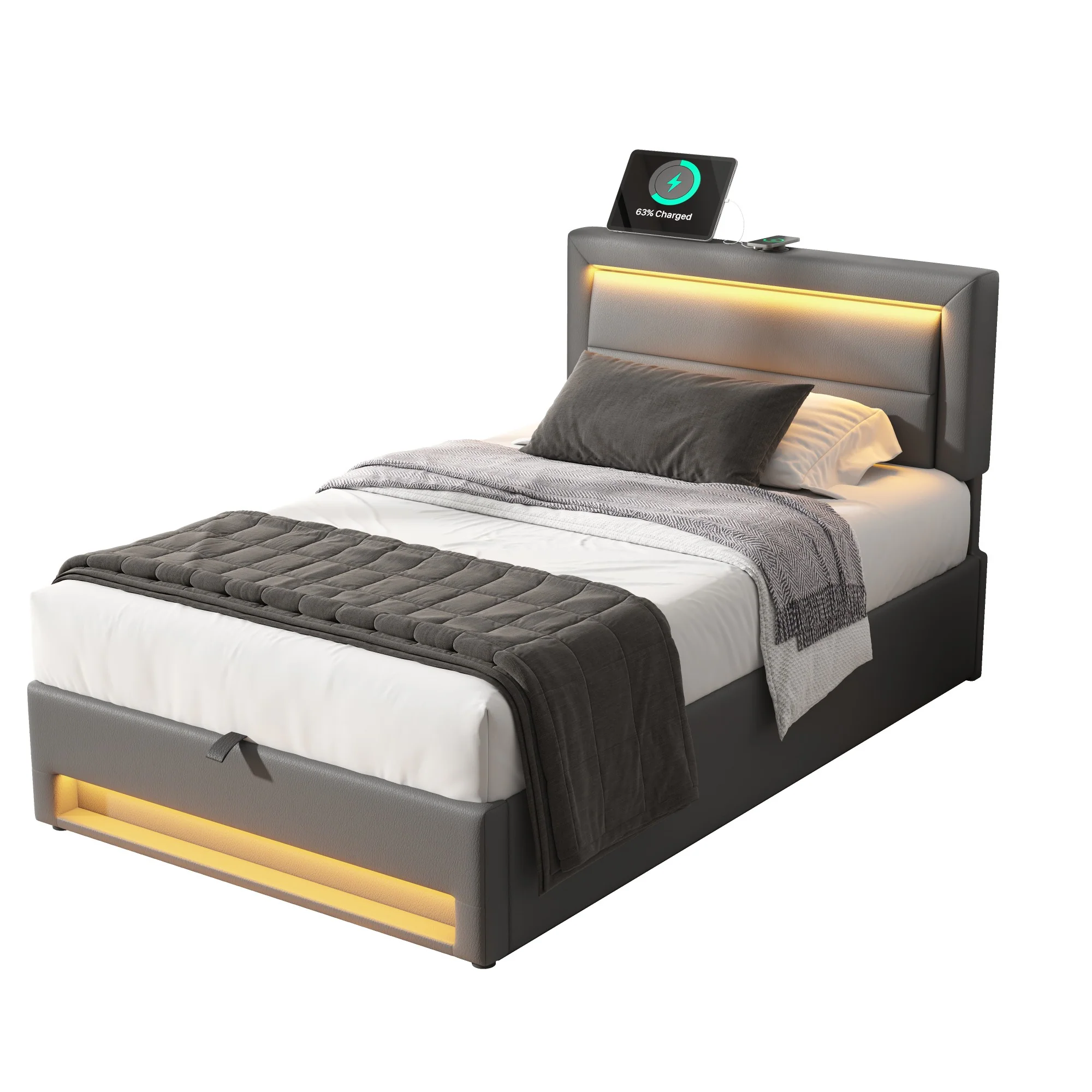 Upholstered Bed 90x190cm USB Charging LED Lighting Storage PU Lychee Grey - Image 7