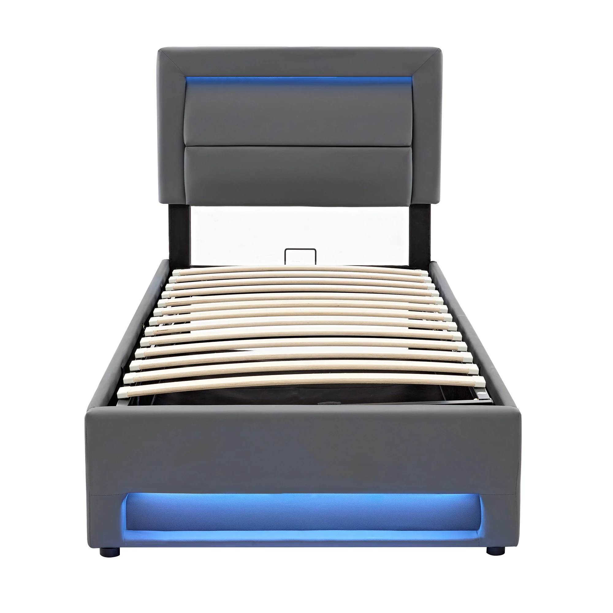 Upholstered Bed 90x190cm USB Charging LED Lighting Storage PU Lychee Grey - Image 9