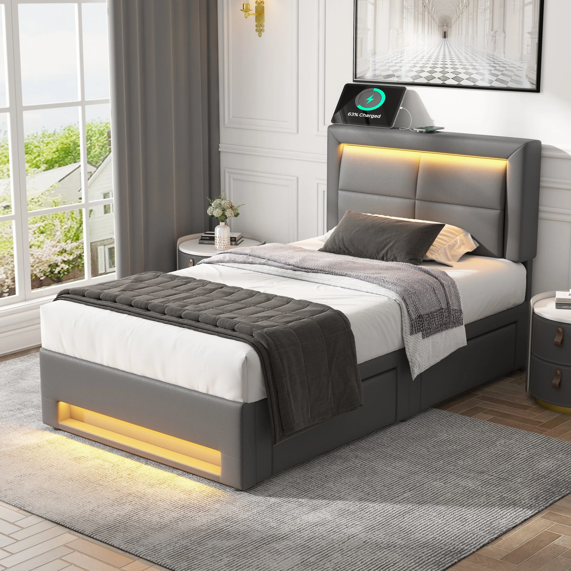 Upholstered Bed 90x190cm USB/Wireless Charging LED 4 Drawers - Grey PU Lychee - Image 4