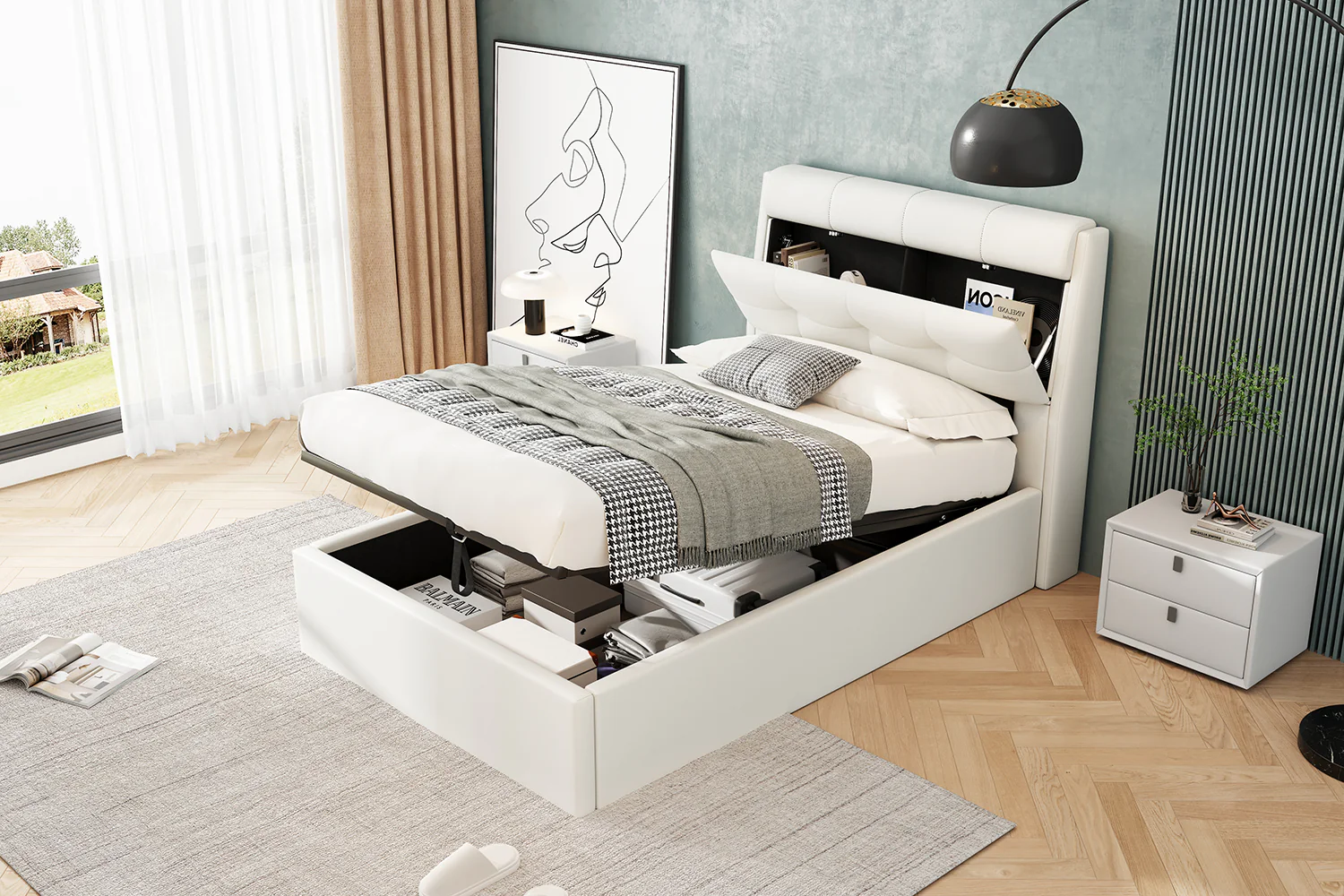 Upholstered Bed 90x200 Hydraulic Bed Box & Headboard Storage PU White - Image 10