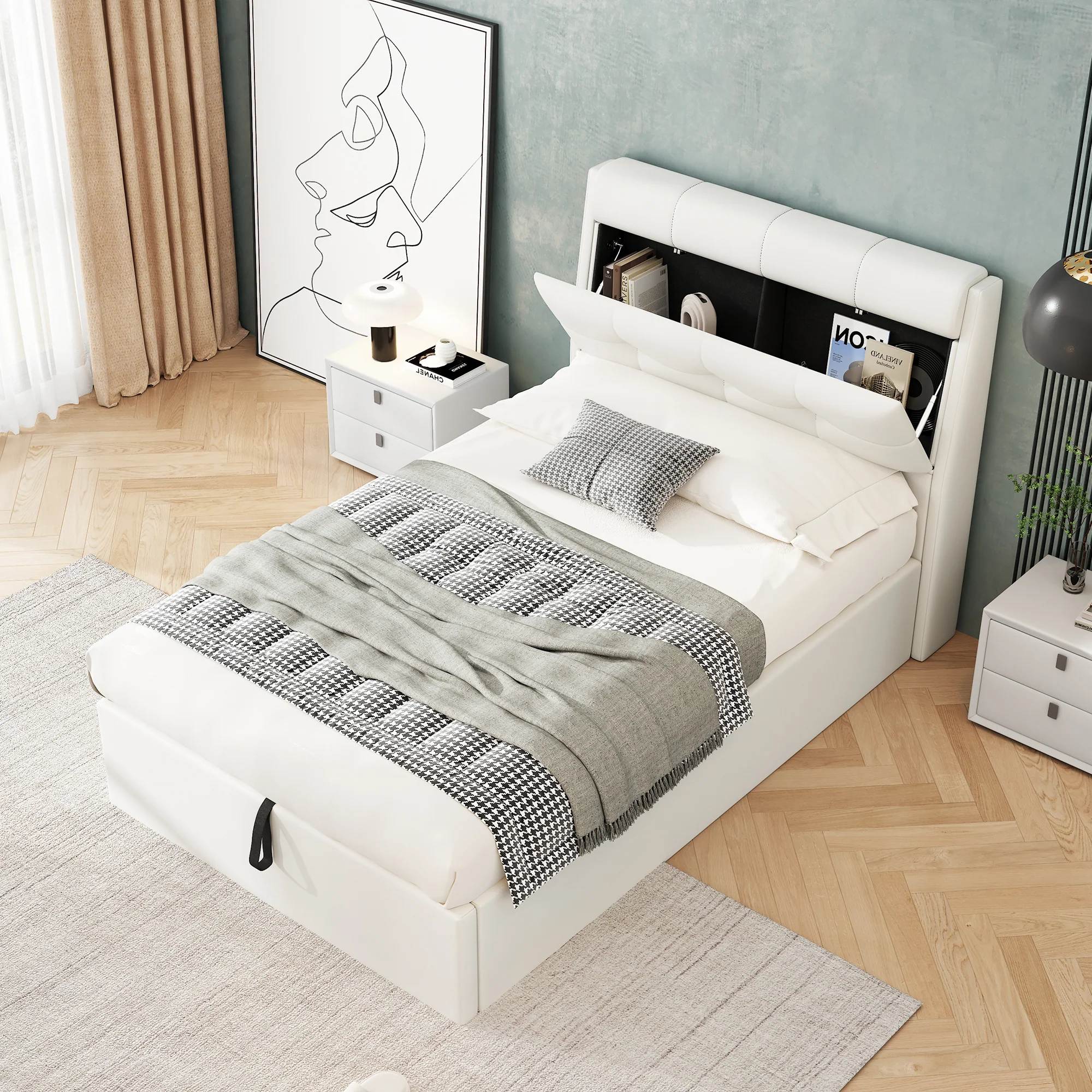 Upholstered Bed 90x200 Hydraulic Bed Box & Headboard Storage PU White - Image 2