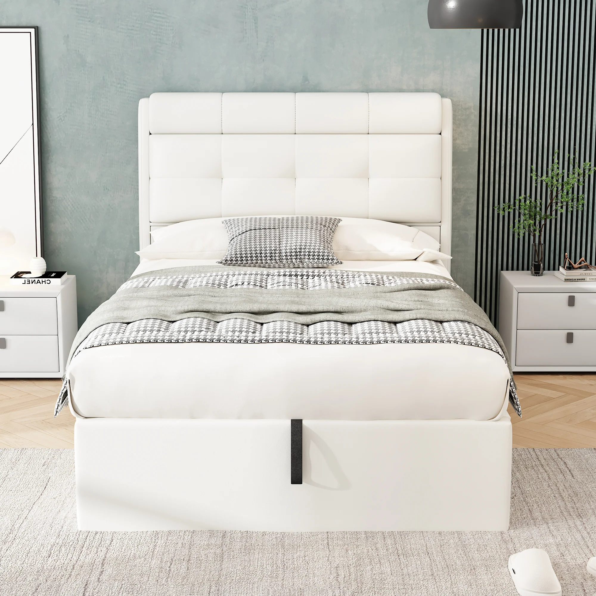 Upholstered Bed 90x200 Hydraulic Bed Box & Headboard Storage PU White - Image 3