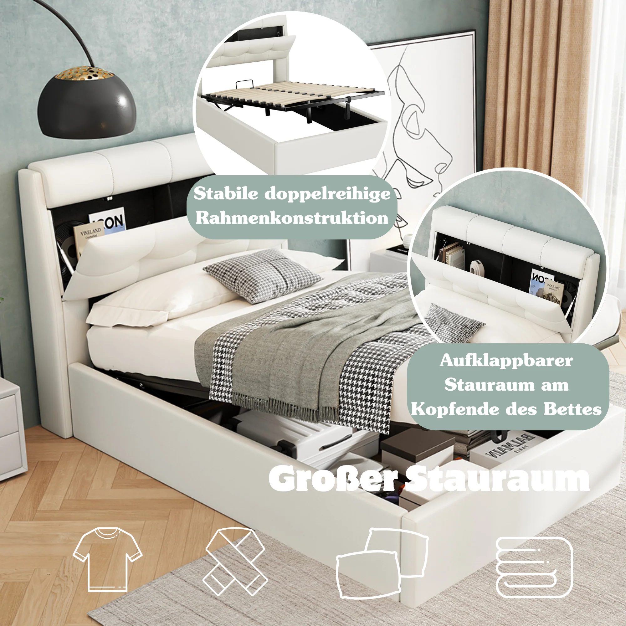 Upholstered Bed 90x200 Hydraulic Bed Box & Headboard Storage PU White - Image 4