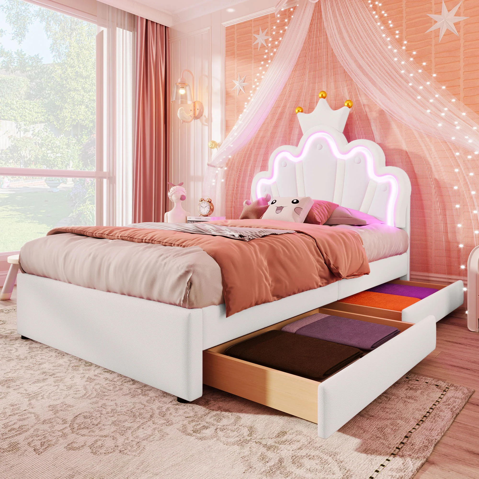 Upholstered Bed 90x200cm 2 Drawers Crown Adjustable Headboard Ambient Light - White PU