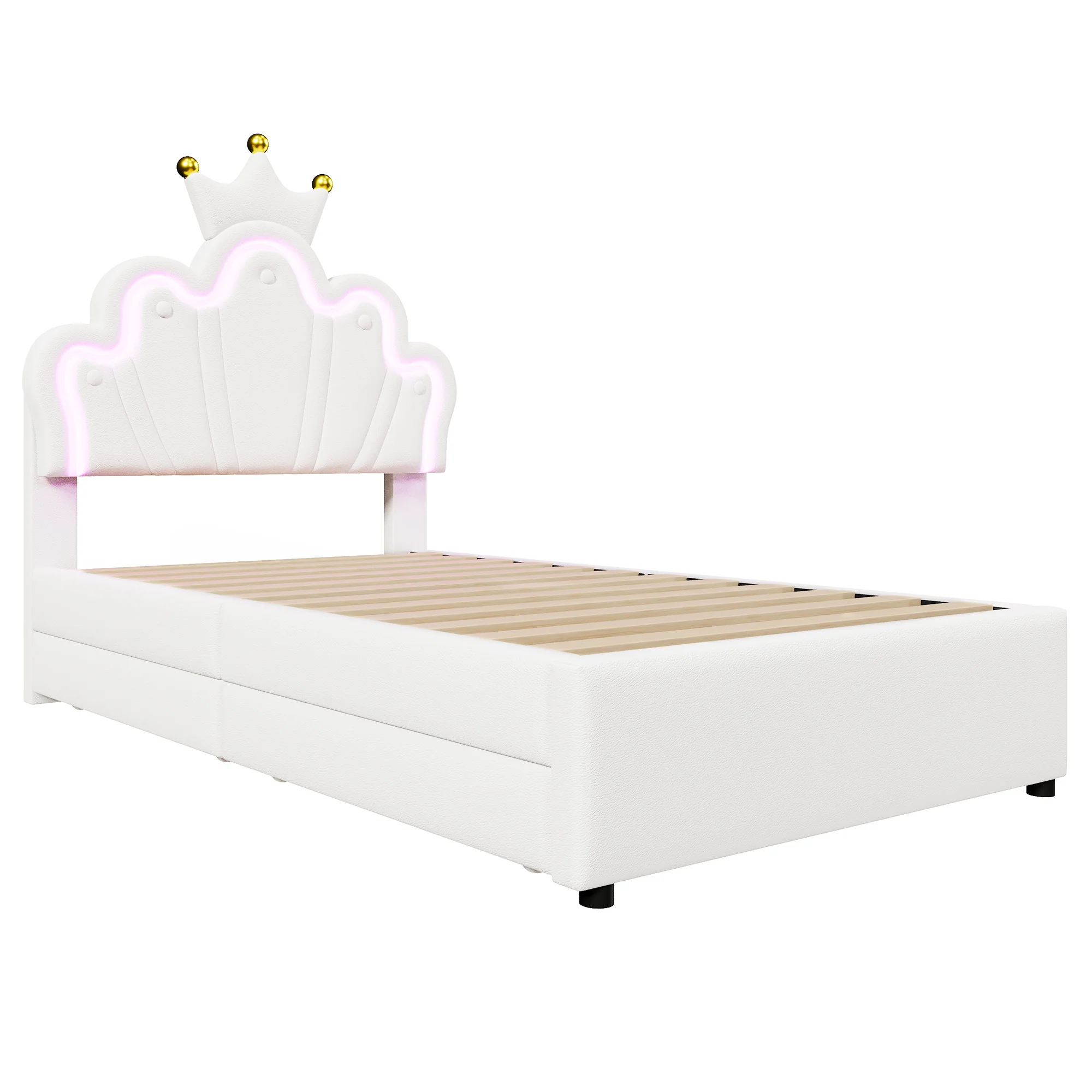 Upholstered Bed 90x200cm 2 Drawers Crown Adjustable Headboard Ambient Light - White PU - Image 10