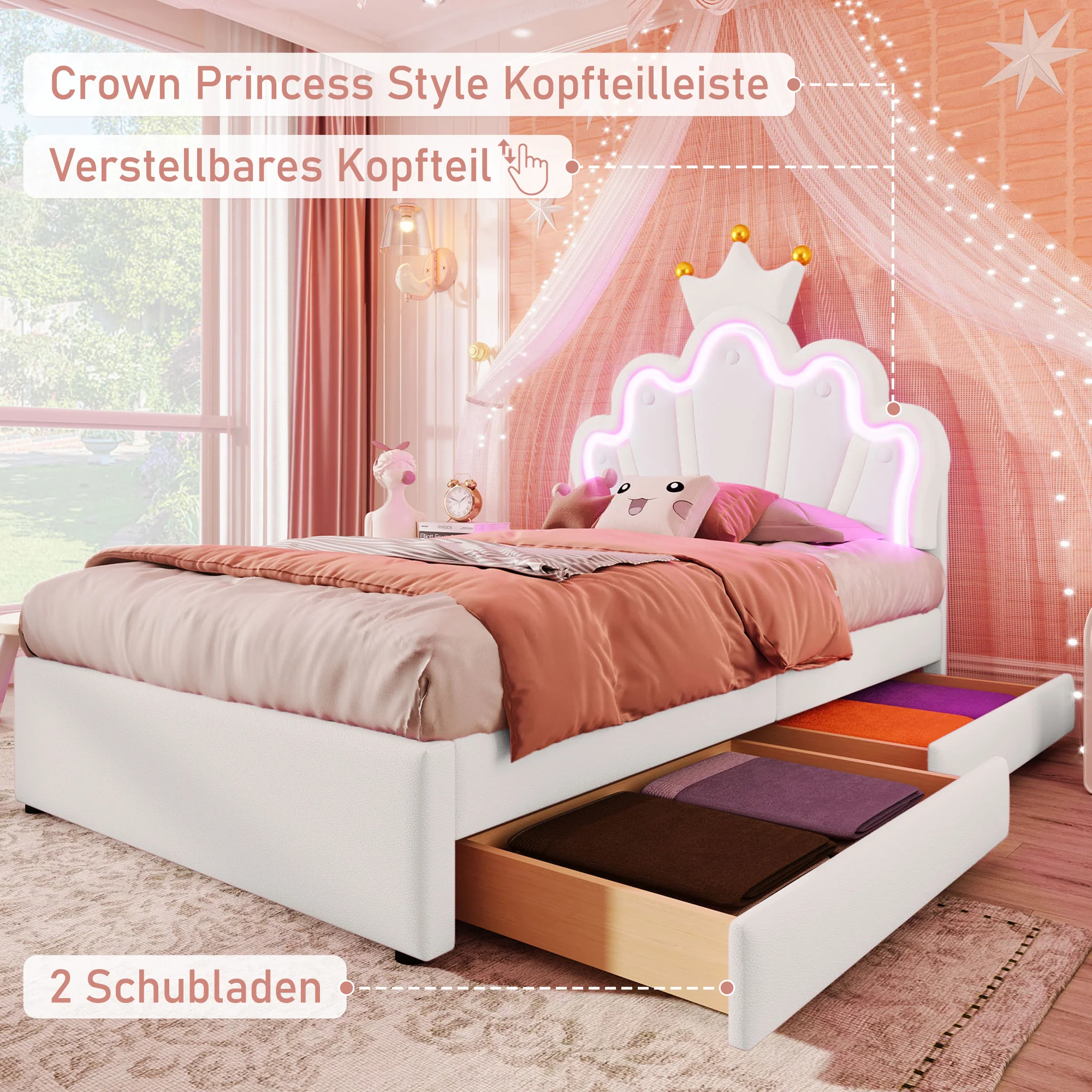 Upholstered Bed 90x200cm 2 Drawers Crown Adjustable Headboard Ambient Light - White PU - Image 2