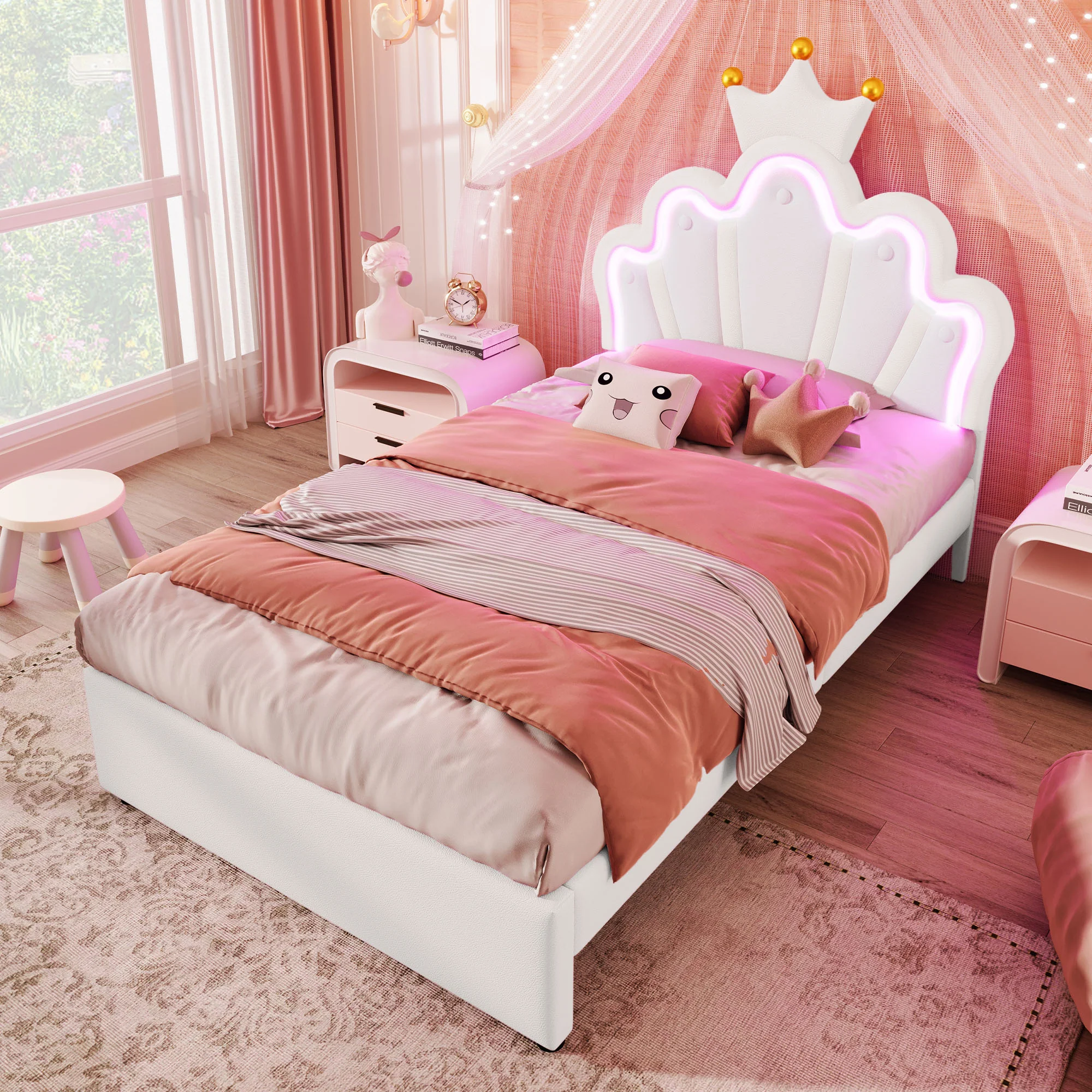 Upholstered Bed 90x200cm 2 Drawers Crown Adjustable Headboard Ambient Light - White PU - Image 6