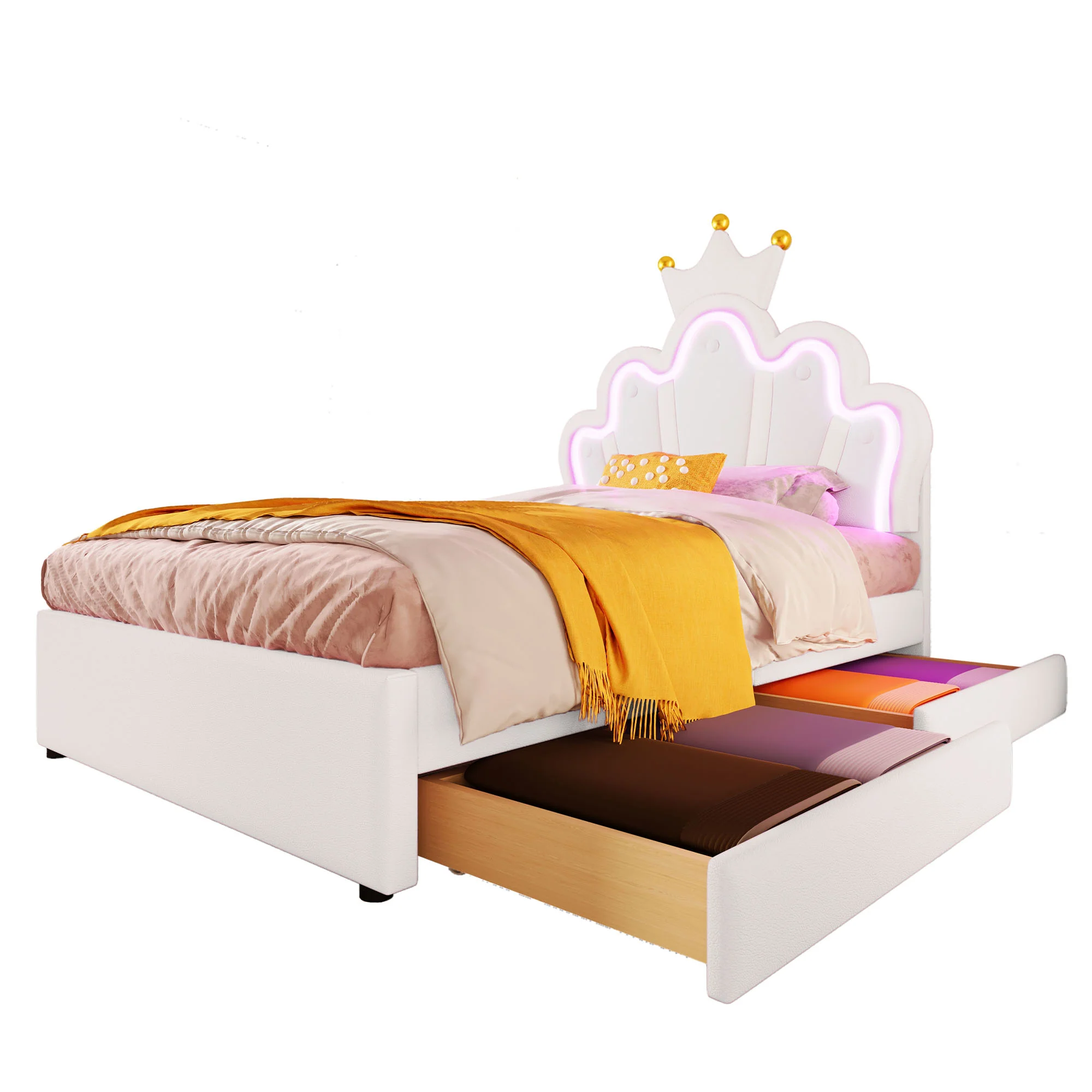 Upholstered Bed 90x200cm 2 Drawers Crown Adjustable Headboard Ambient Light - White PU - Image 8