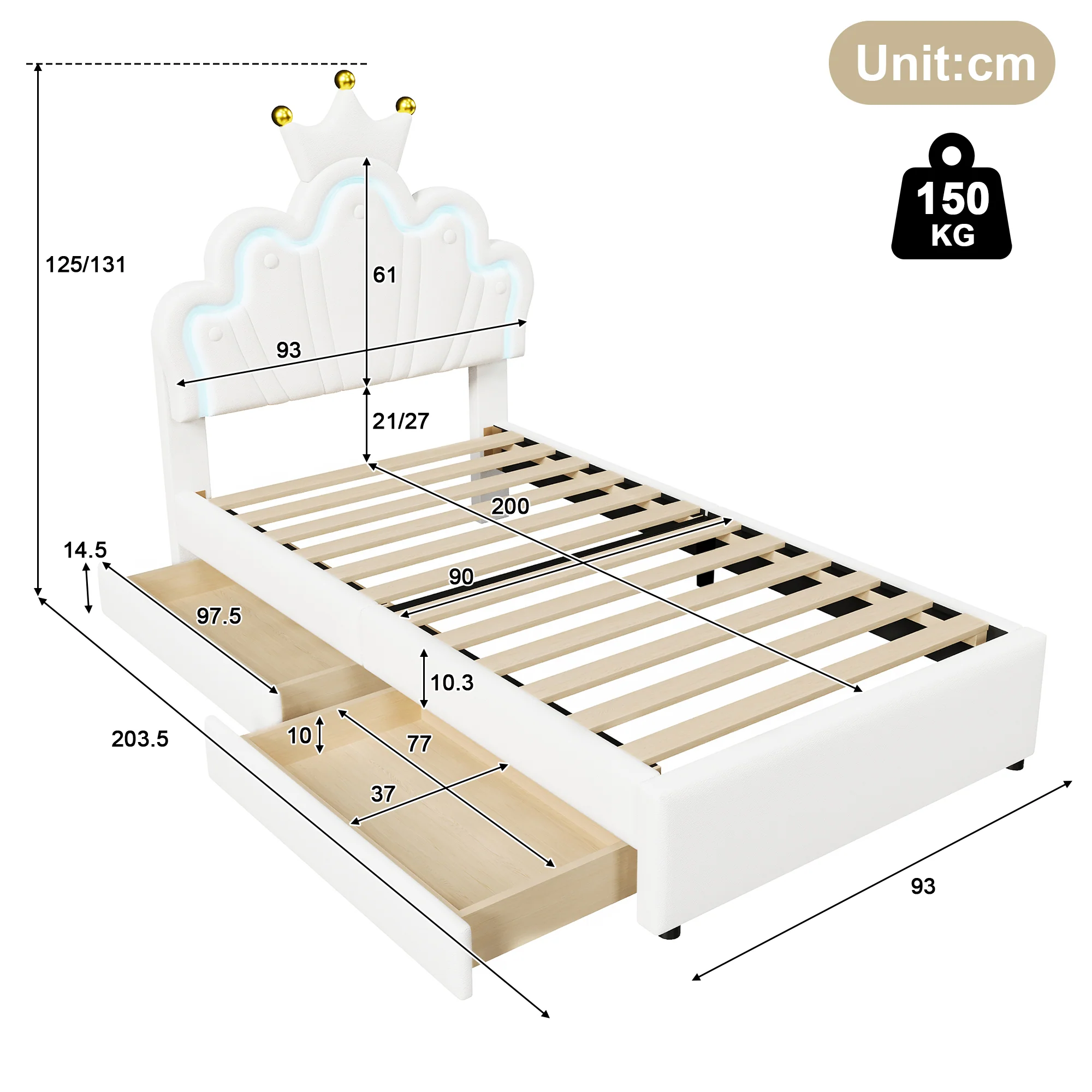 Upholstered Bed 90x200cm 2 Drawers Crown Adjustable Headboard Ambient Light - White PU - Image 9