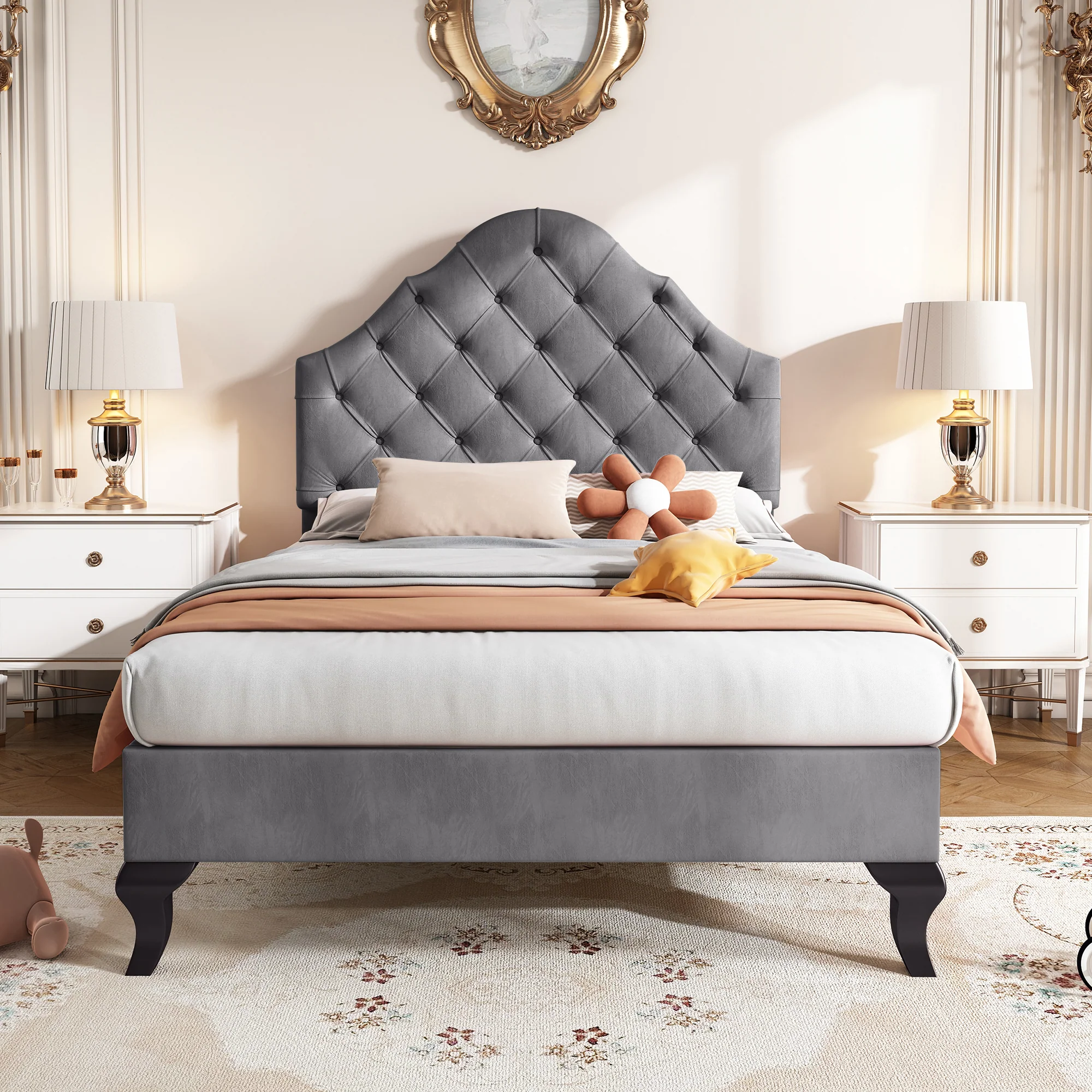 Upholstered Bed 90x200cm Adjustable Headboard Slatted Base - Velvet Grey - Image 3