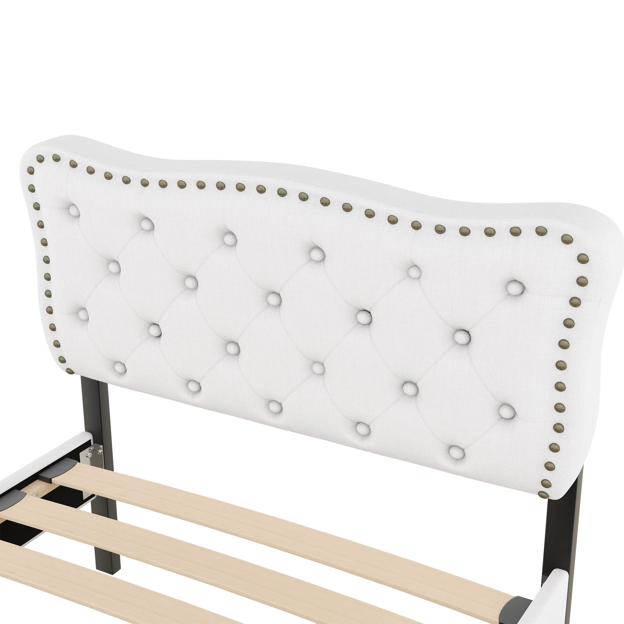 Upholstered Bed 90x200cm Decorative Studs Double Drawers - Light Beige - Image 10