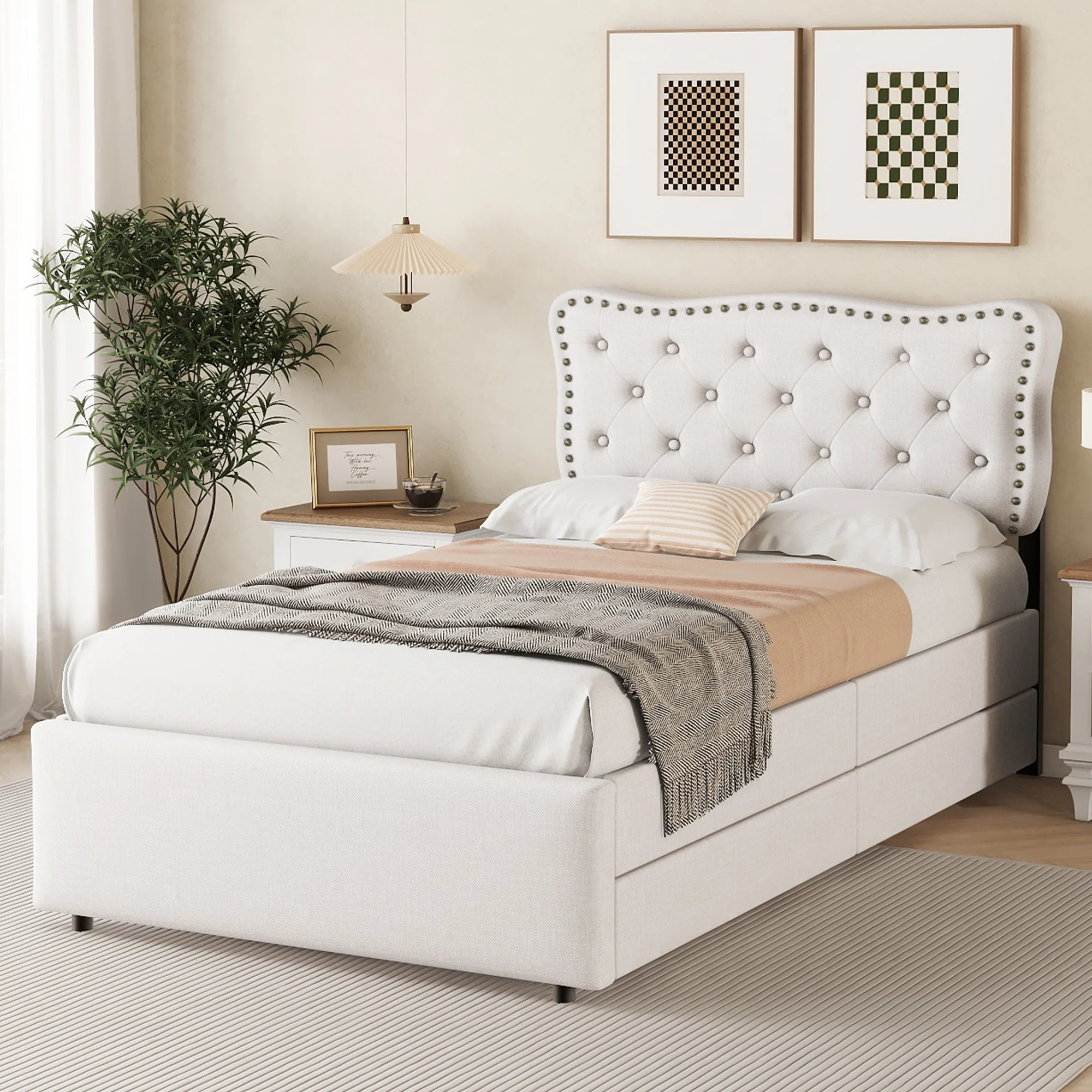 Upholstered Bed 90x200cm Decorative Studs Double Drawers - Light Beige - Image 3