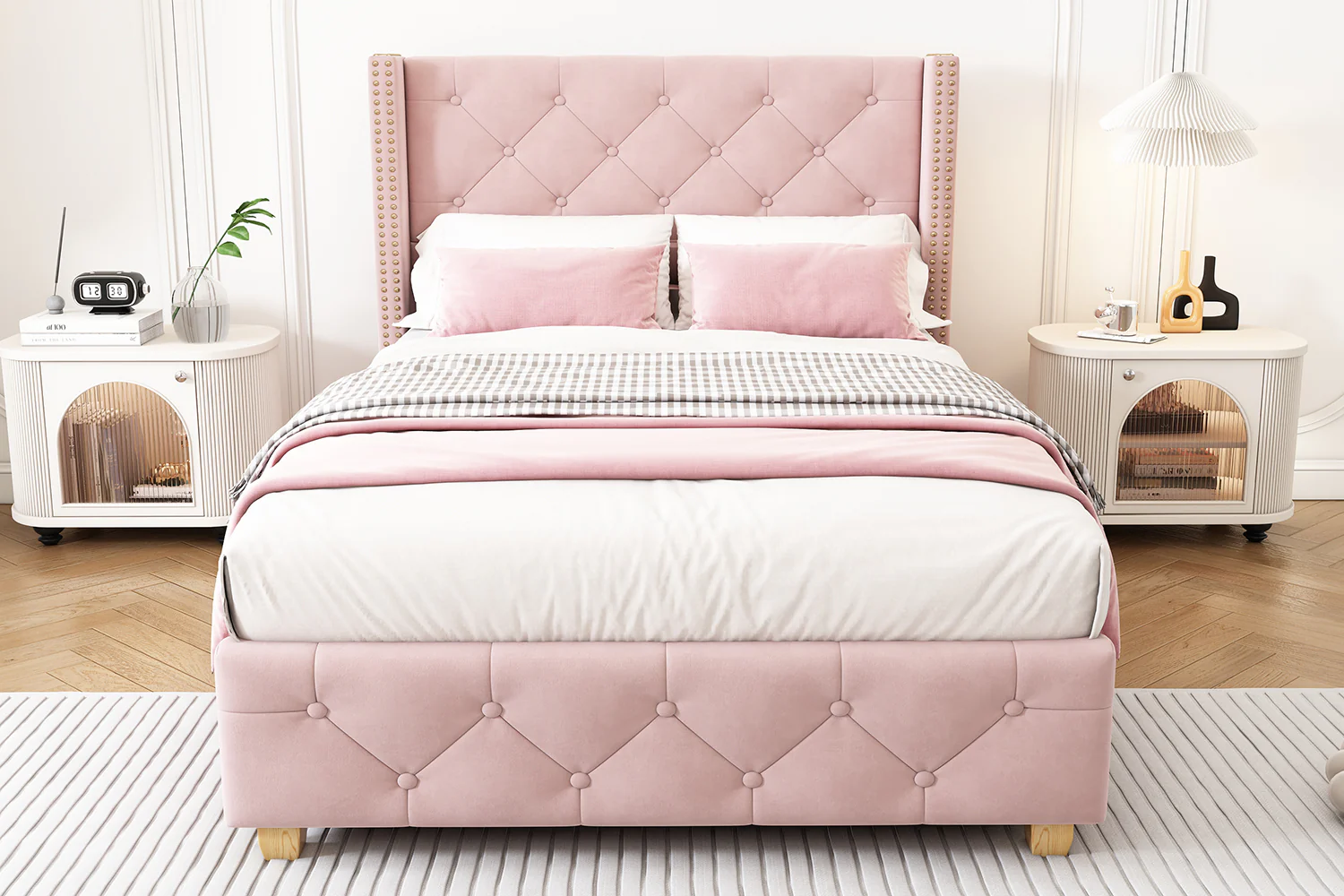 Upholstered Bed 90x200cm Headboard Button Studded Slatted Frame - Velvet Pink - Image 10