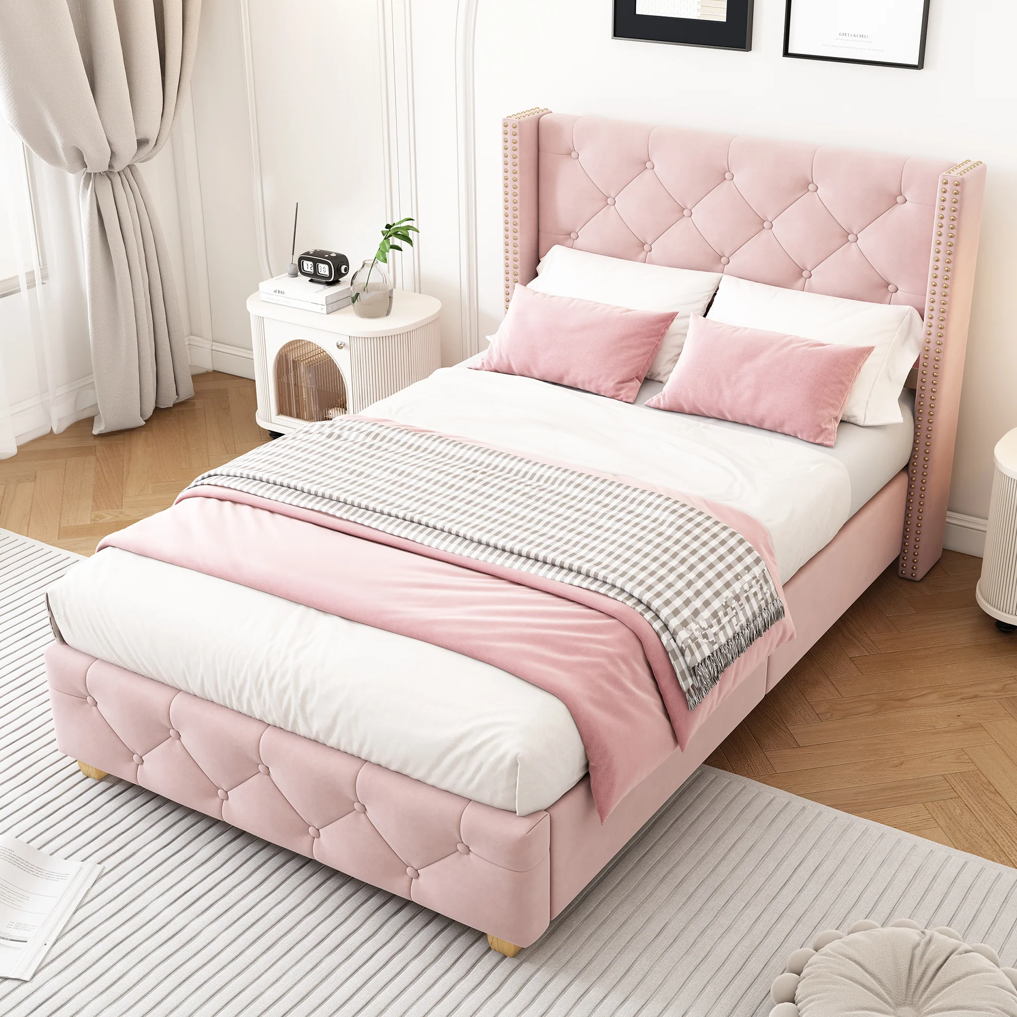 Upholstered Bed 90x200cm Headboard Button Studded Slatted Frame - Velvet Pink - Image 2