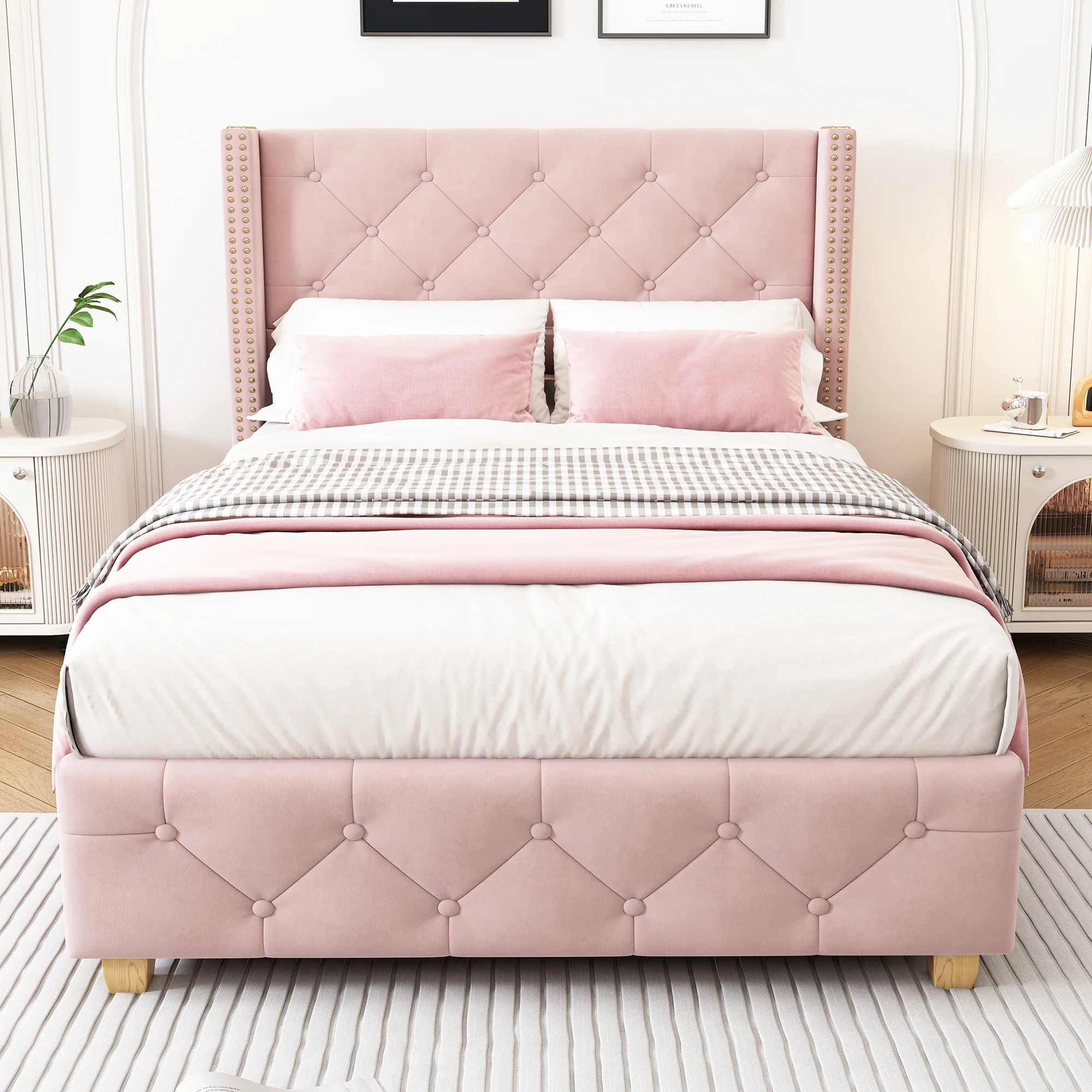 Upholstered Bed 90x200cm Headboard Button Studded Slatted Frame - Velvet Pink - Image 3