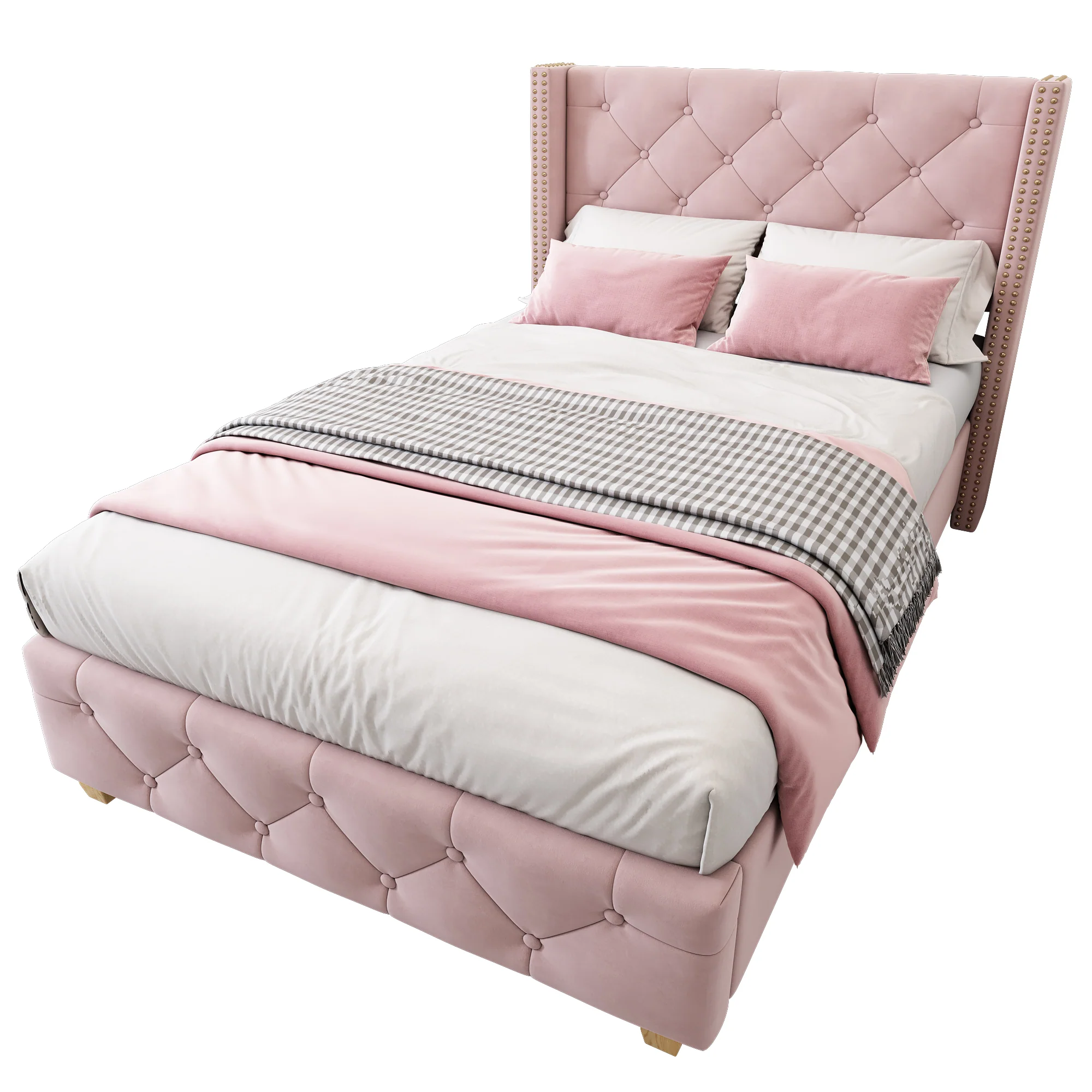 Upholstered Bed 90x200cm Headboard Button Studded Slatted Frame - Velvet Pink - Image 4