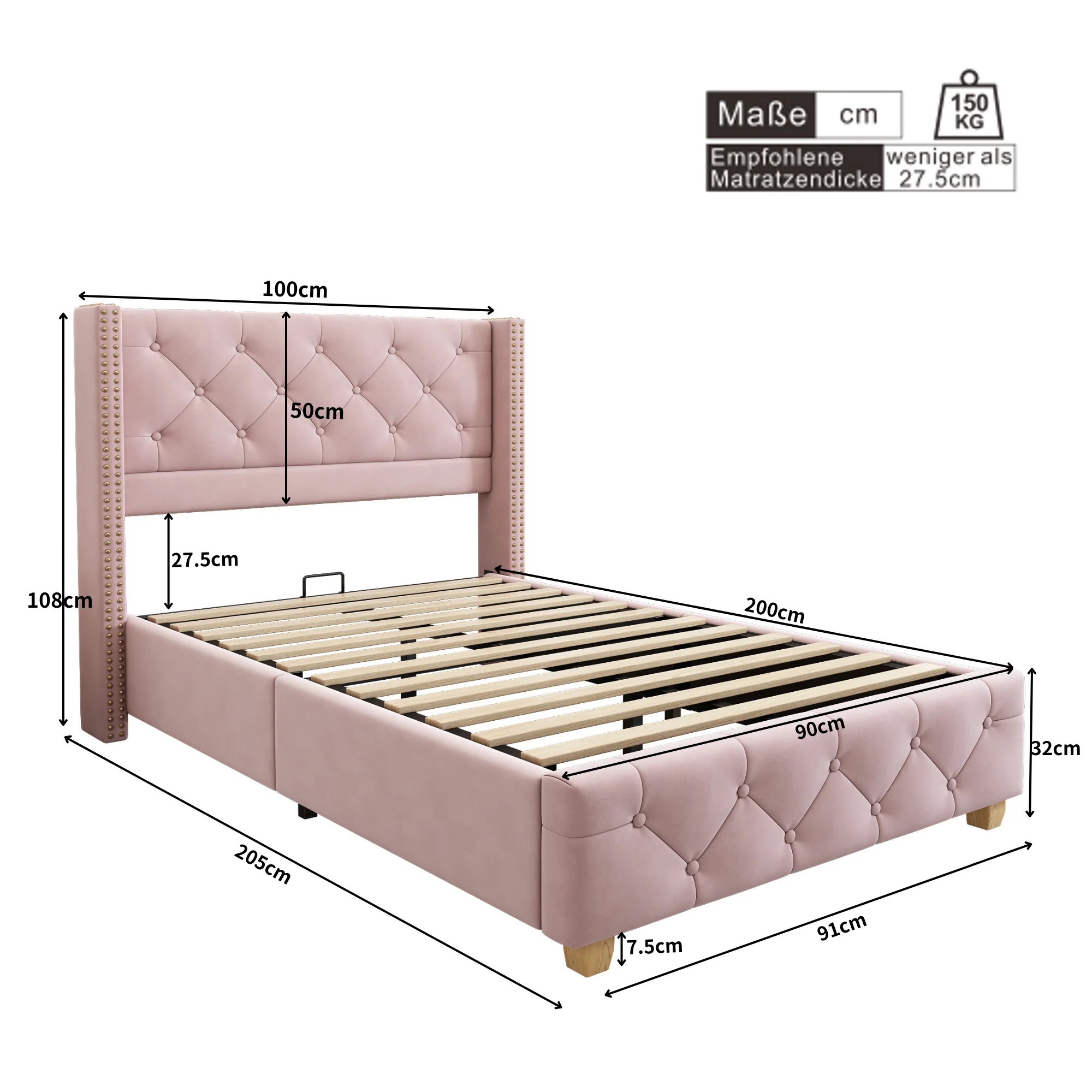 Upholstered Bed 90x200cm Headboard Button Studded Slatted Frame - Velvet Pink - Image 5